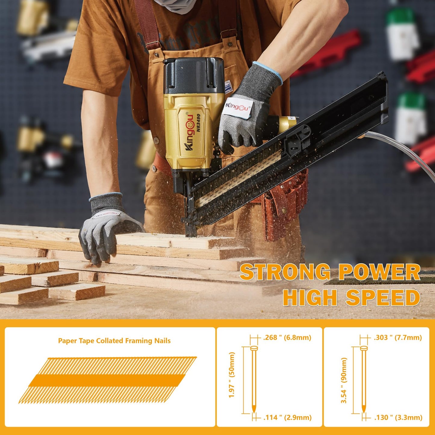 KingOu NR3490 34 Degree 3-1/2" Clipped Head Framing Nailer Aluminum Magazine With 200 nails