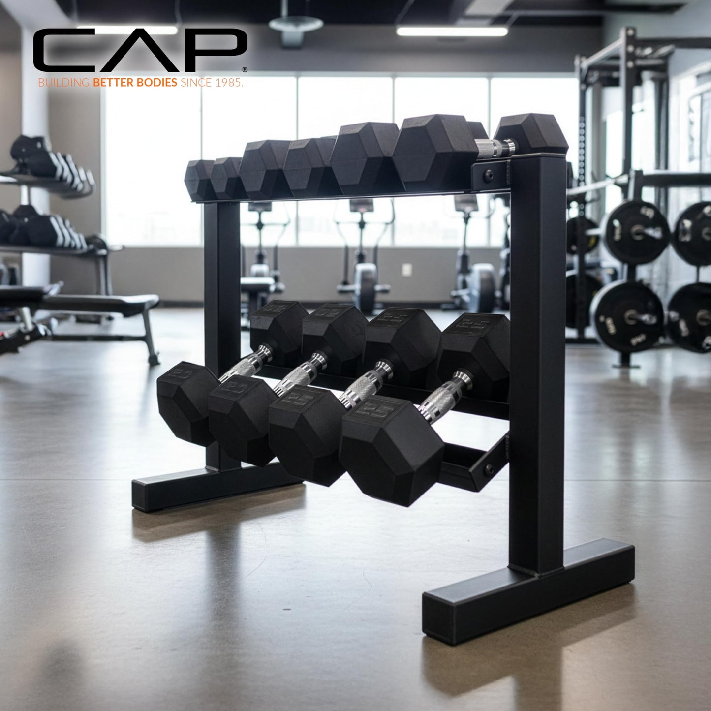 CAP 150 LB Rubber Hex Dumbbell Set with 2-Tier Rack for Home Gym Strength Training, Chrome Handle, Black Rack