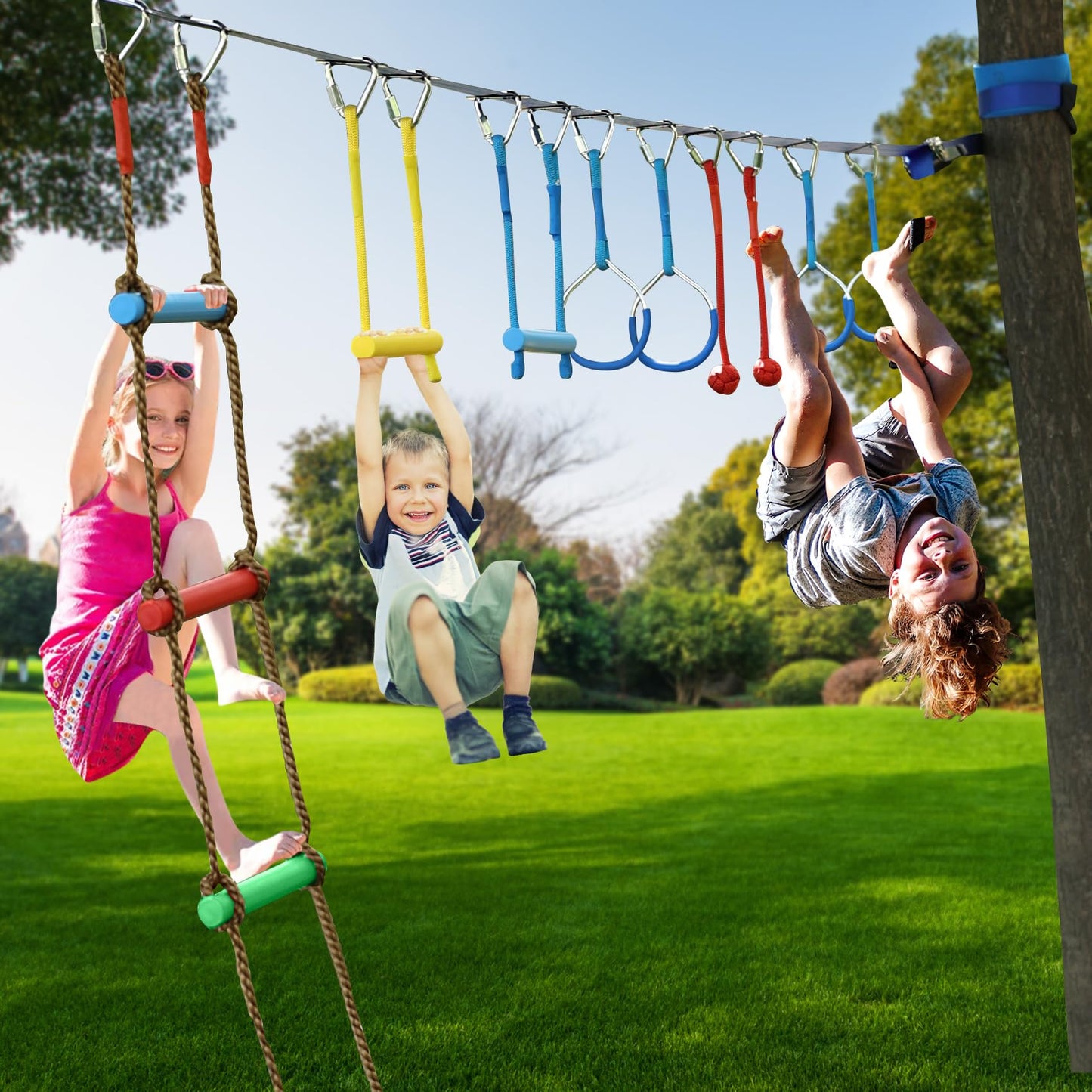 Ninja Warrior Obstacle Course for Kids,2×56ft Slackline Kit with 10 Ninja Accessories - Monkey Bar,Rope Ladder,Gymnastic Ring,Arm Trainer and Monkey Fist+Fast-Setup Buckles,Supports 880 lbs