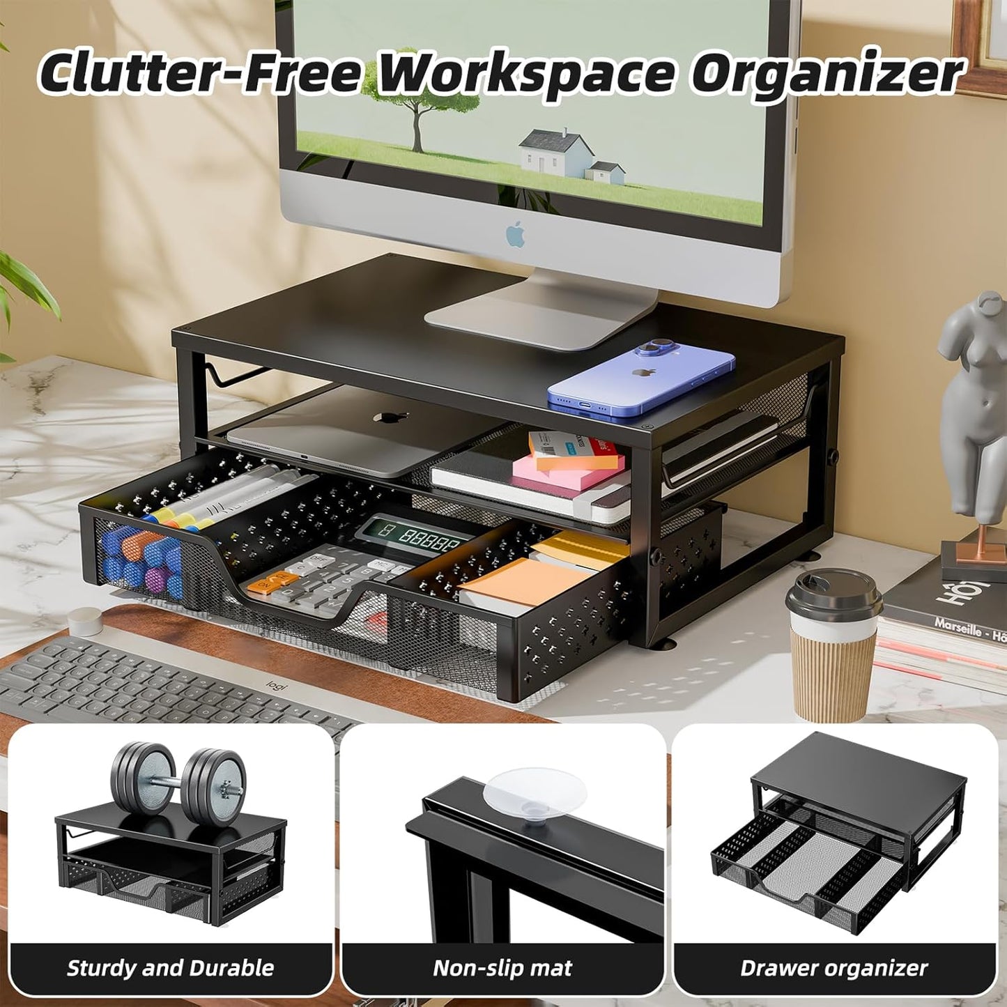 2-Tier Simple Trending Computer Monitor Stand Riser with Drawer, Desk Organizer for Home Office, Black