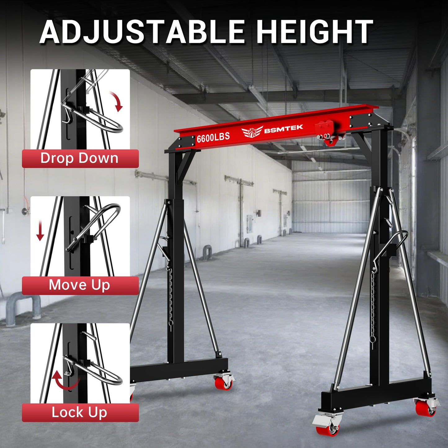 BSMTEK 3 Ton Gantry Crane MAX6600lbs, Adjustable Height (8.53-12.47 FT), Width (9.06 FT, Available 8.53FT), Steel I-Beam Construction, Portable Shop Hoist for Factories, Warehouses