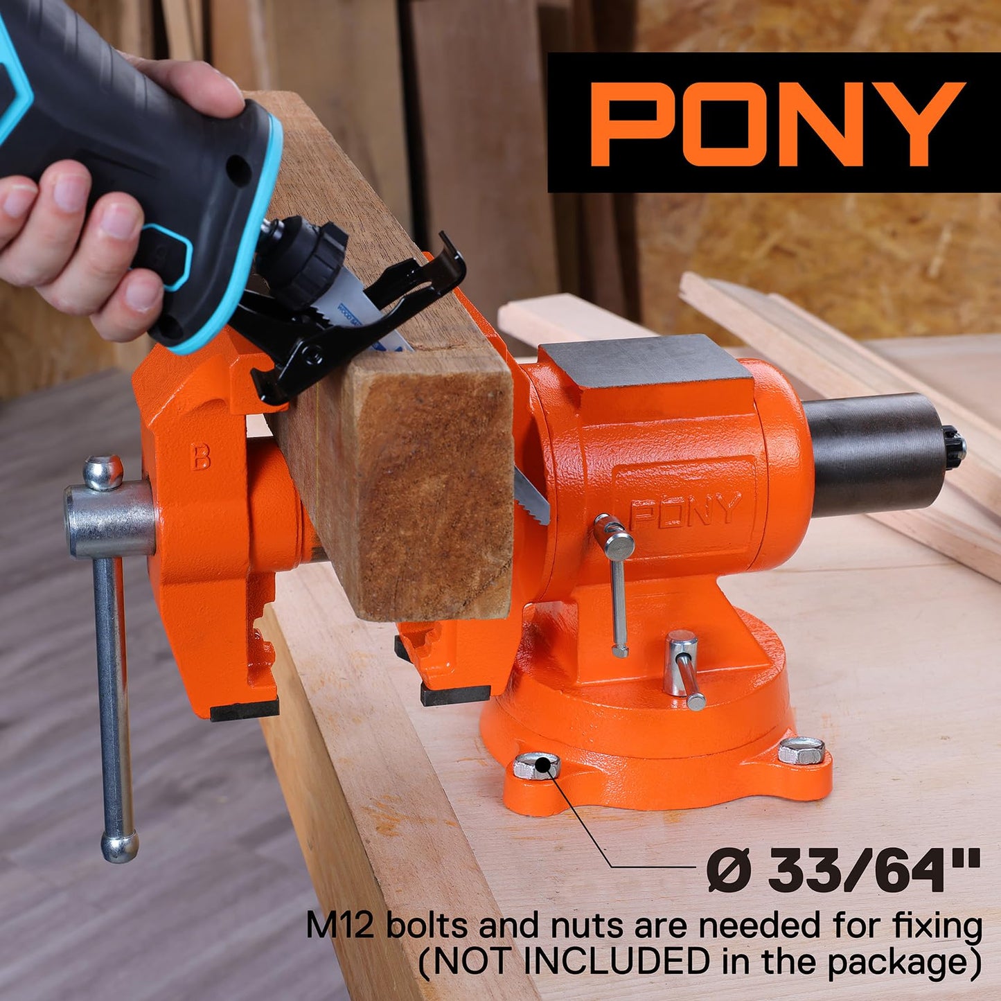 PONY Heavy Duty Bench Vise, 5-inch Jaw Width and Opening, 360-Degree Swivel Base With Anvil, Utility Combination Pipe Home Vise for Woodworking, One-Pair Vise Jaw Pad Included