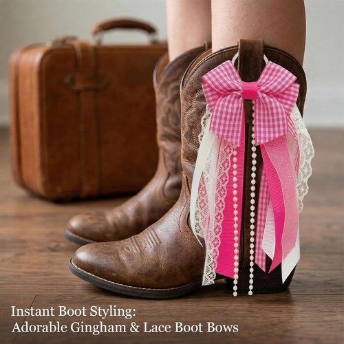 Holiday Bow Ribbons - Festive Birthday Accessory Decor | Pink Plaid Cowboy Boot Charms (2 Pieces)