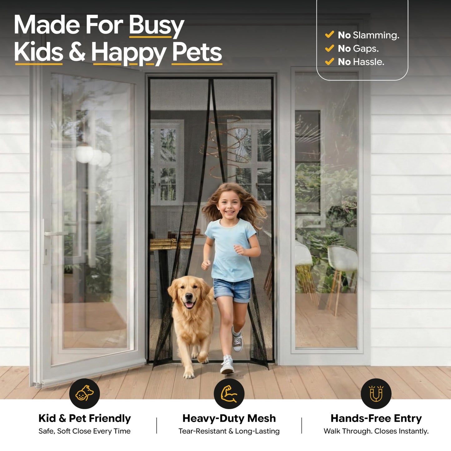 AUGO Magnetic Screen Door - Self Sealing, Heavy Duty, Hands Free Mesh Partition Keeps Bugs Out - Pet and Kid Friendly - Patent Pending Keep Open Feature - 38 Inch x 83 Inch