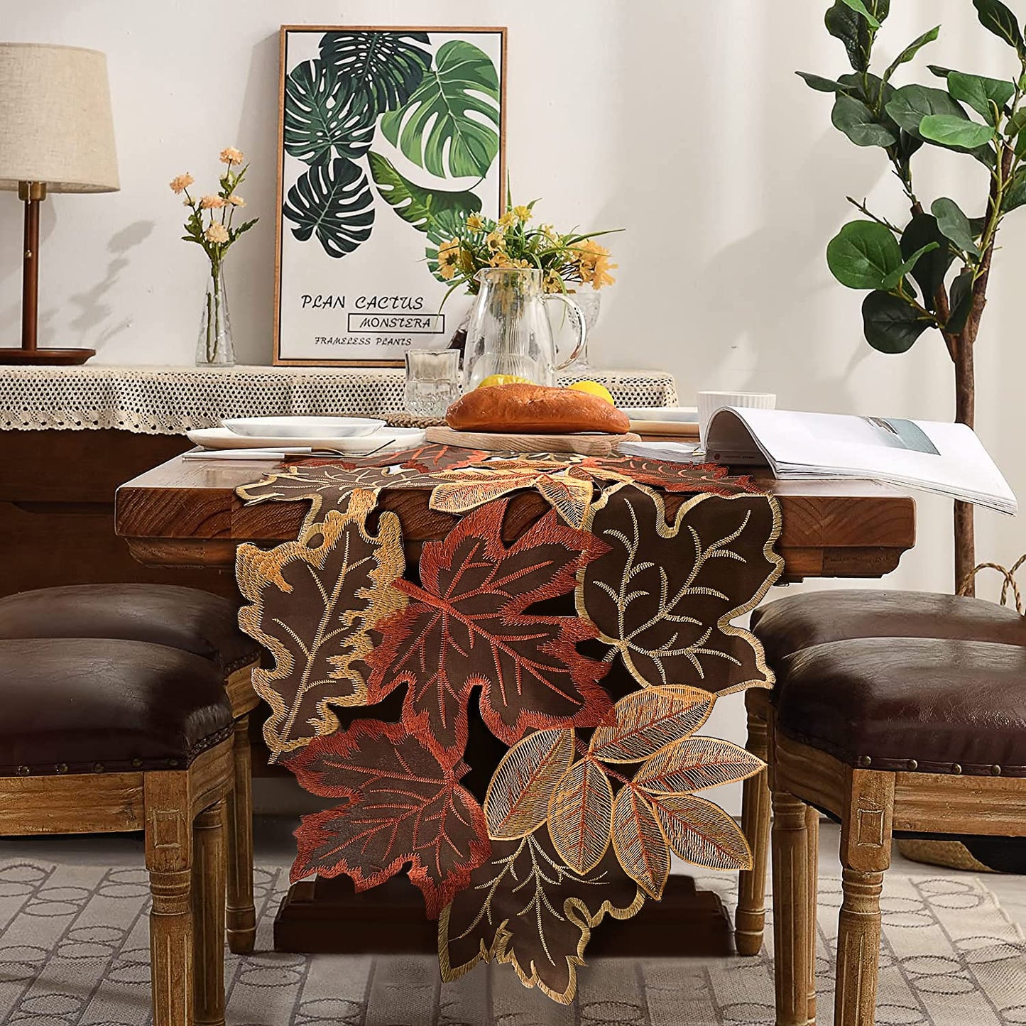 Fall Table Runner 13.7×68.8 Inches with Embroidered Maple Leaves, Thanksgiving Farmhouse Harvest Theme Dinning Coffee Table Decor Autumn Decorations for Home