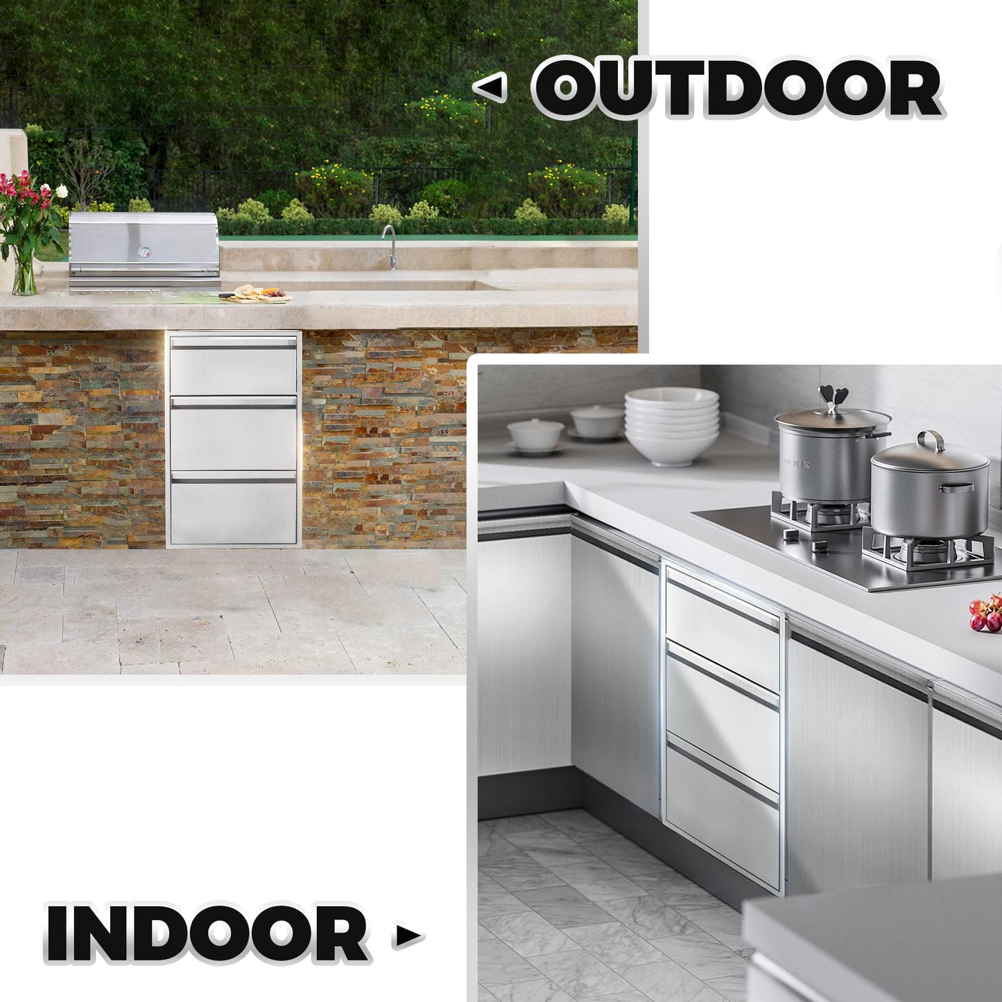 POPMOON BBQ Outdoor Kitchen Drawer W16.7 x D21.4 x H29.8 Inch Triple Access BBQ Drawers Stainless Steel Access Drawer for BBQ Island and Outdoor Kitchen