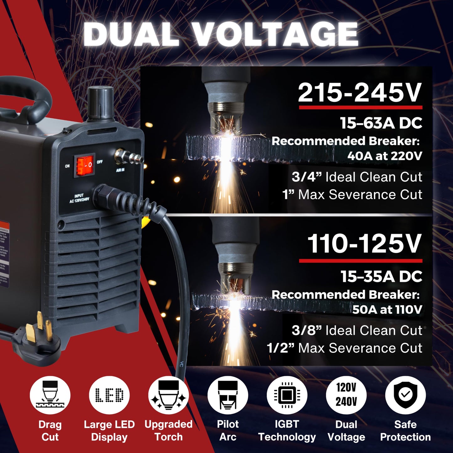 LOTOS Apex LTP6300DCNC | 63A CNC-Enabled Plasma Cutter, Drag-Cut Enables, Non-HF Blowback Pilot Arc, 3/4" Clean (1" Sever), THC/ARC OK, Dual-Voltage 110/220V, LED Controls, Portable Air Plasma Cutter