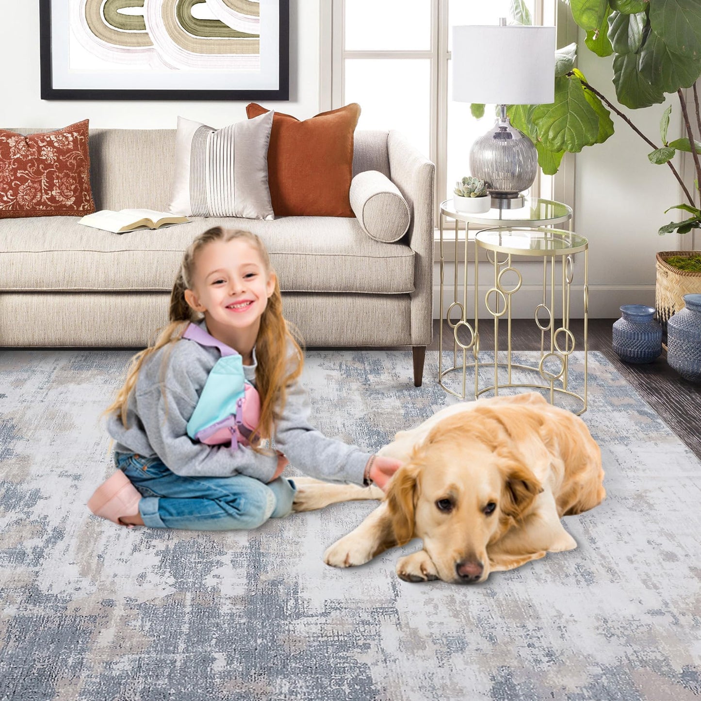 GarveeHome9x12 Area Rugs Washable Rug, Modern Abstract Living Room Rug Soft Anti-Skid Thin Carpet Indoor Floor Non-Shedding Carpets for Bedroom Dining Room Farmhouse Nursery Home