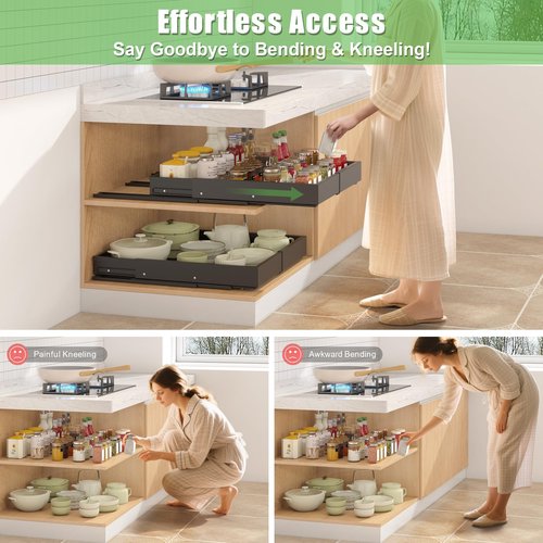 2 Pcs Pull Out Drawers for Cabinets Organizer Expandable Width(11.8"-19.4"), Depth(16.45"-21.7") With 3 Rails, No Drill Roll Out Drawer, Adhesive Sliding Drawers for Kitchen Pantry Storage (Black)