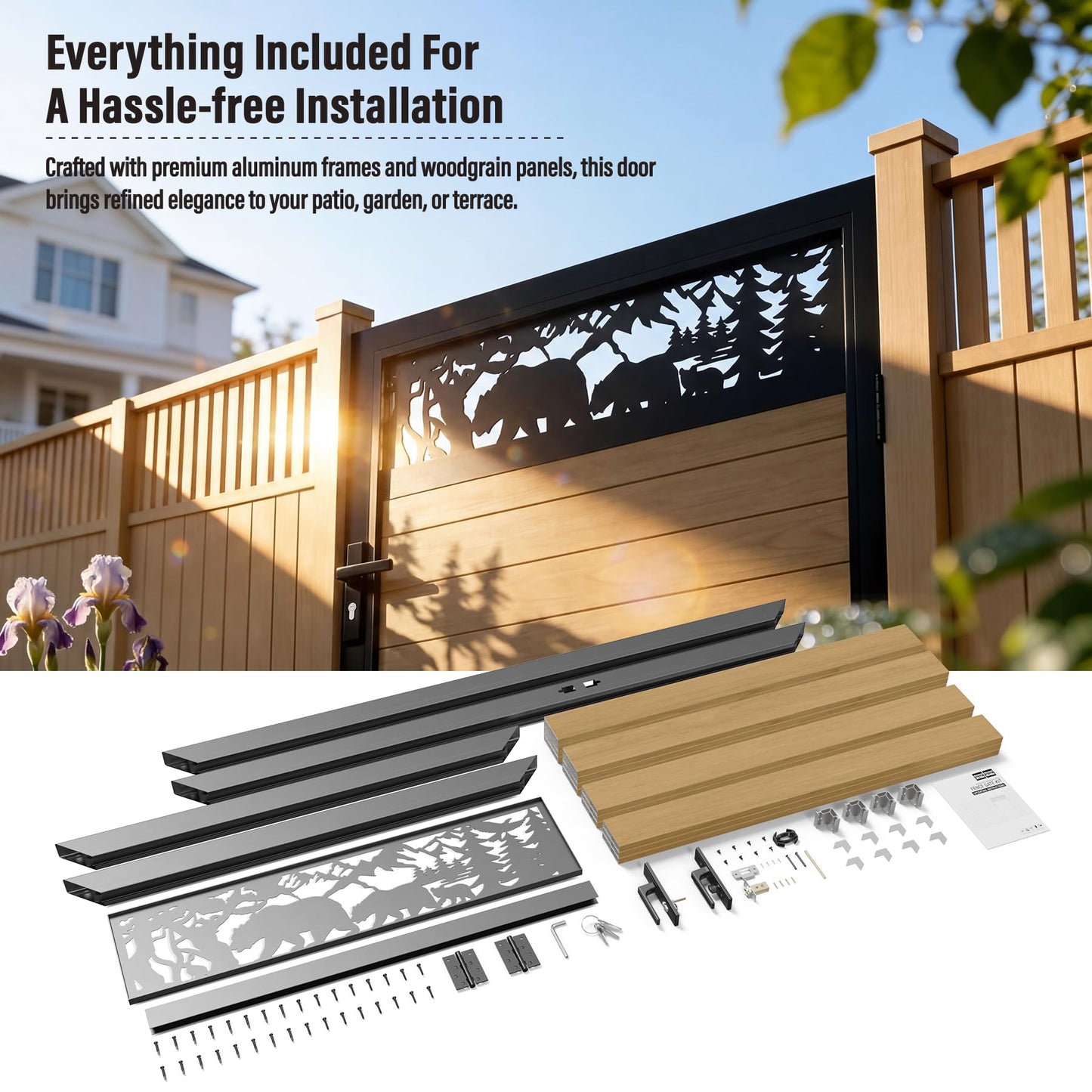 Brukid 4x6 FT Aluminum Fence Gate Kit Wood Grain Aluminum Gate with Decorative Cutout, Lock & Hinges, Left/Right Opening, Weather Resistant for Yard Garden Patio