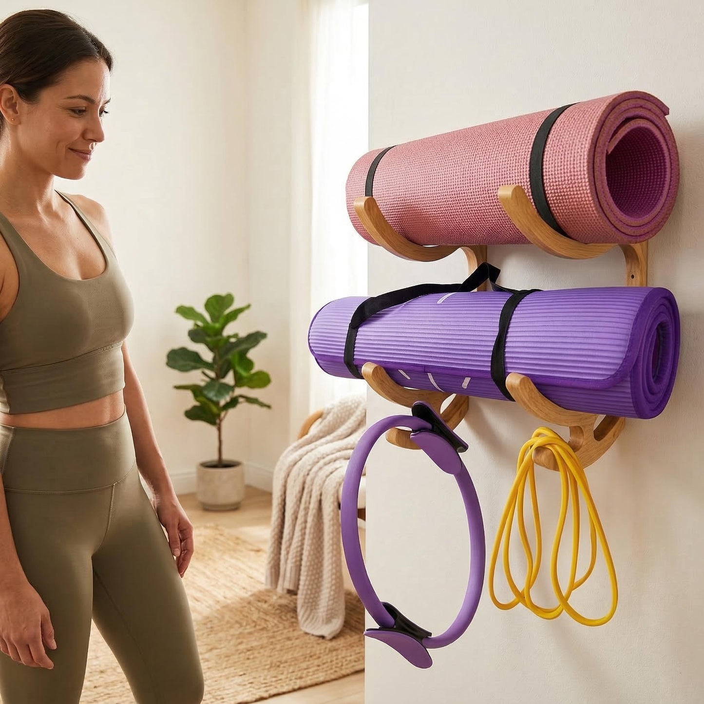 Wooden Yoga Mat Wall Mount,Yoga Mat Holder,Home Gym Storage,Resistance Band Wall Mount
