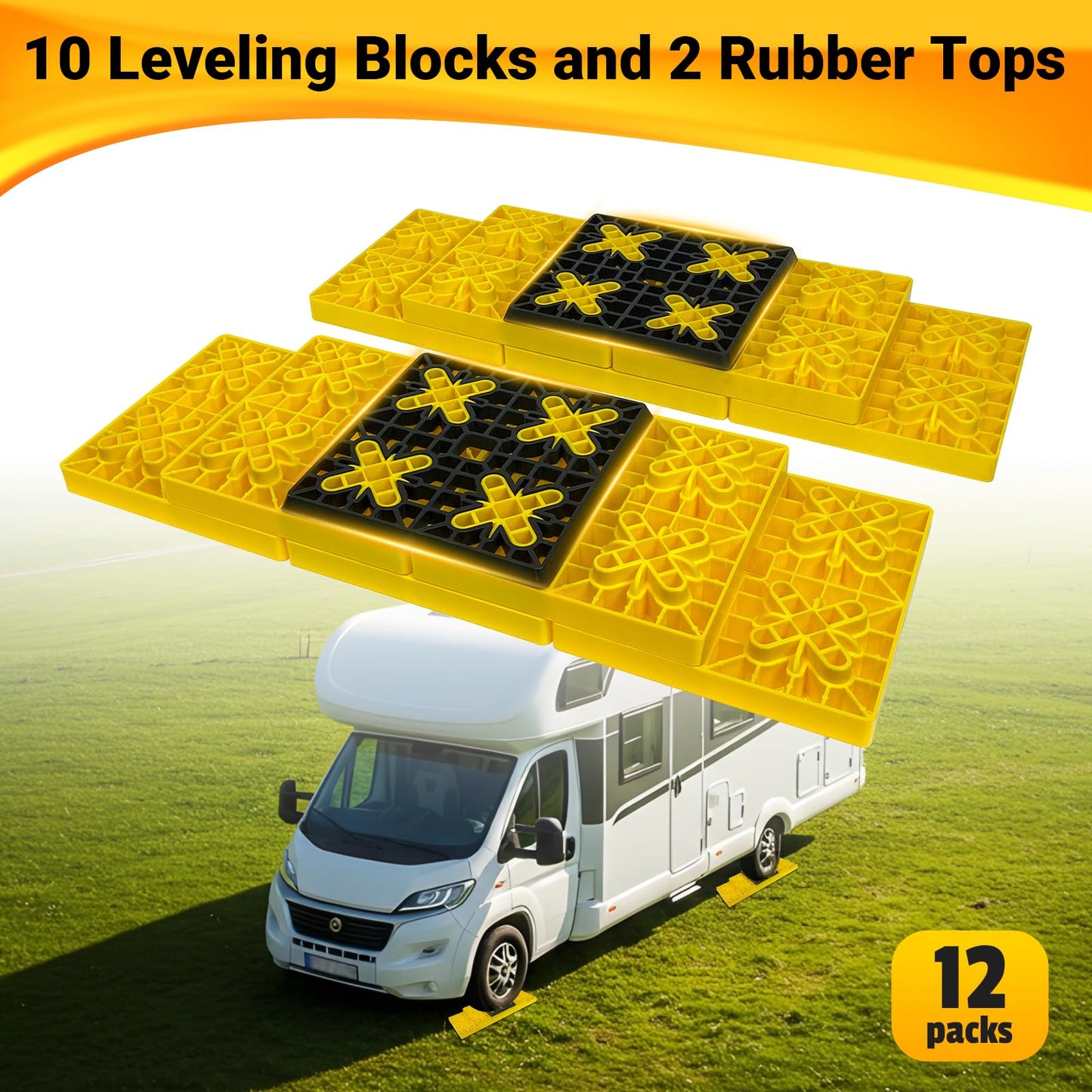 ROBLOCK Rv Leveling Blocks 12 Pack (2 Rubber Top), Camper Leveling Blocks Sturdy Stackable Jack Blocks with Carrying Bag, Multifunctional Wheels Stabilizer Blocks Suit for Camper Travel Trailer