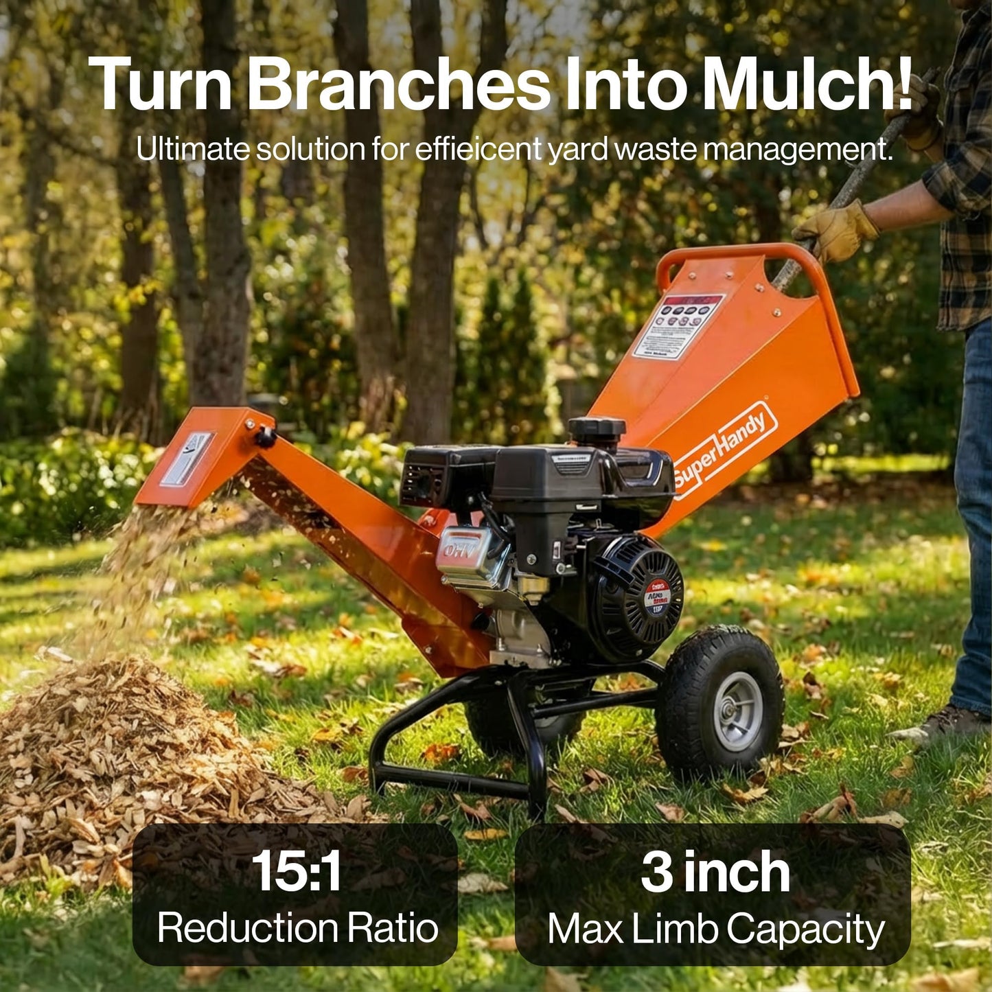 SuperHandy Wood Chipper Shredder Mulcher 7HP Engine Heavy Duty Compact Rotor Assembly Design 3" Inch Max Capacity Aids in Fire Prevention and Building Firebreaks