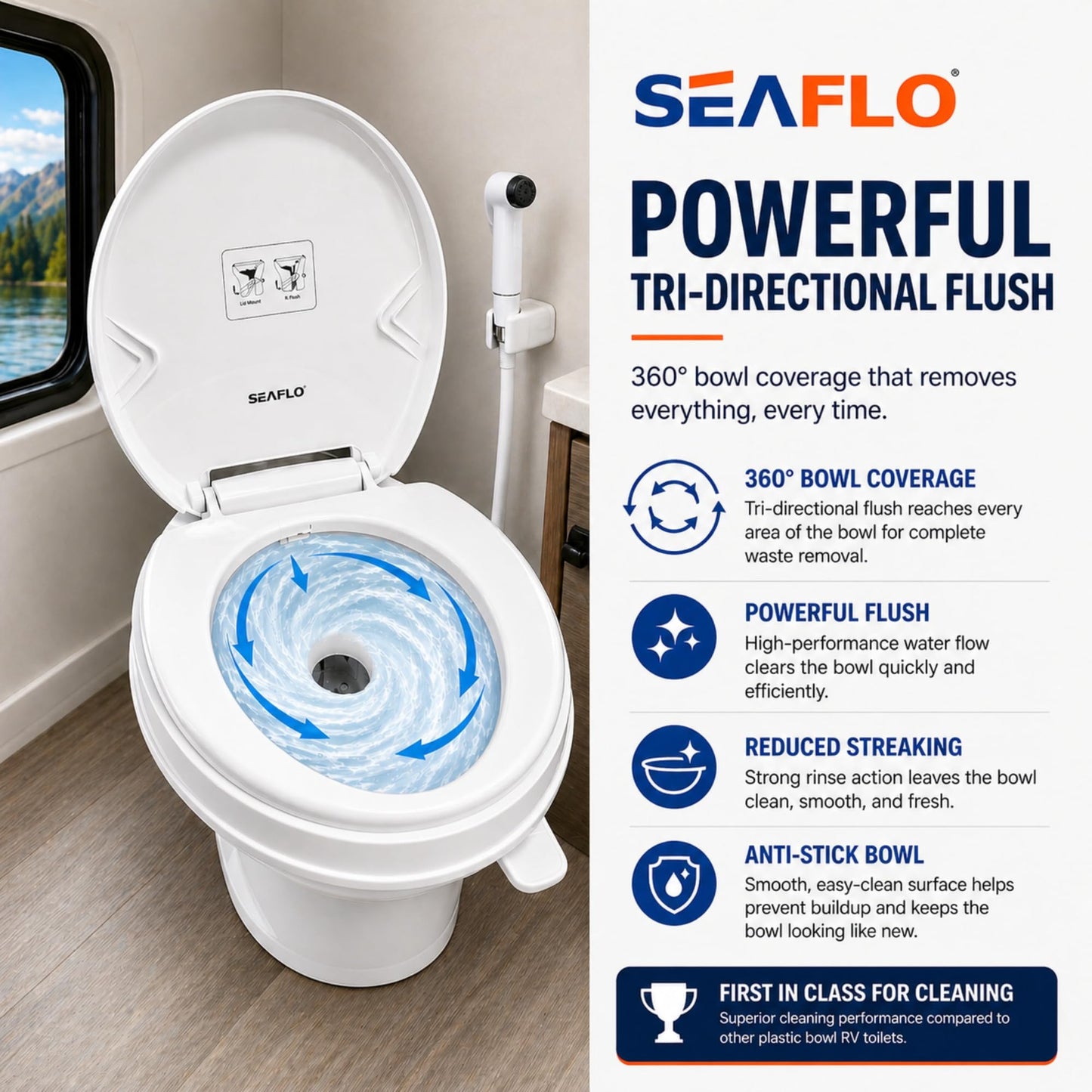 SEAFLO RV Toilet with Sprayer Attachment - White, 18.4” Residential Height, Gravity Flush Foot Pedal Camper Toilet Soft Close Seat Elongated Bowl Motorhome, 4-Year Warranty, SFRTPH-01-02
