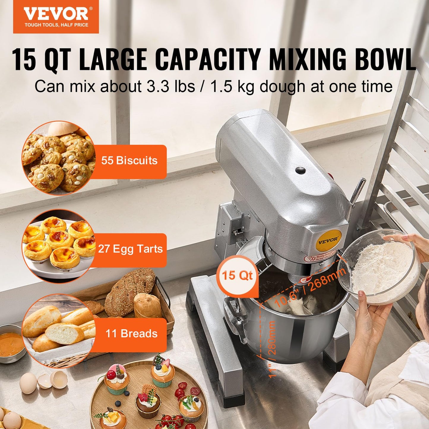 VEVOR Commercial Food Mixer, 15Qt Capacity with Timer, 500W Stainless Bowl Durable Electric Mixer for Commercial Use, 3 Speed Options 113/184/341 RPM, Includes Dough Hook & Whisk