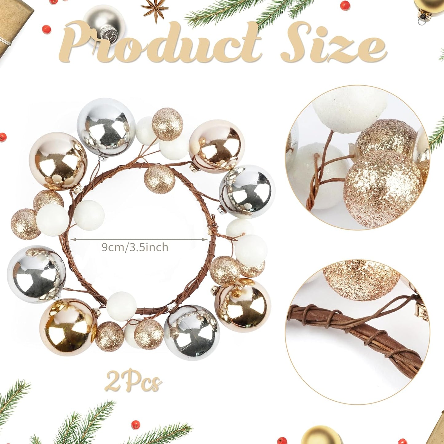 Regine Switzerland Christmas Ball Ornament Candle Rings - Gold & Silver Glitter | 3.2 Inch Candle Holders for Rustic Winter Decor