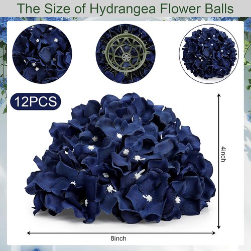 Hydrangea Flower Balls - 12 PCS Artificial Floral Arrangements, 8.27 Inch Silk Kissing Balls for Wedding & Home Decor - Navy Blue