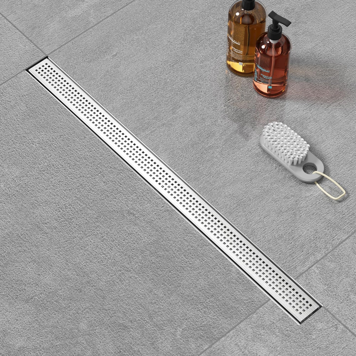 36 inch Linear Shower Drain with Square Hole Pattern Grate Cover, Brushed 304 Stainless Steel Bonding Flange Linear Drain, Low Profile Linear Shower Drain with Hair Strainer