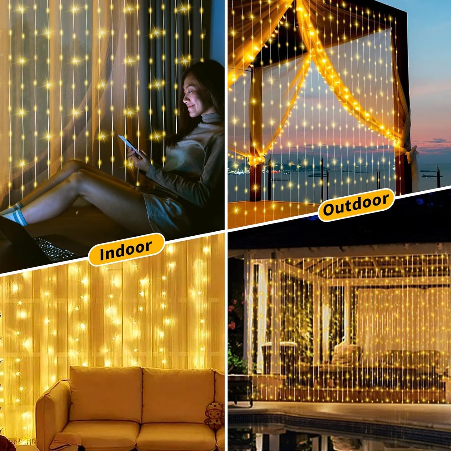 Skiennix Solar Curtain Lights - Waterproof 10x10 Ft 300 LED Twinkle Fairy Lights | 8 Modes, Remote Control, Rechargeable for Outdoor Events