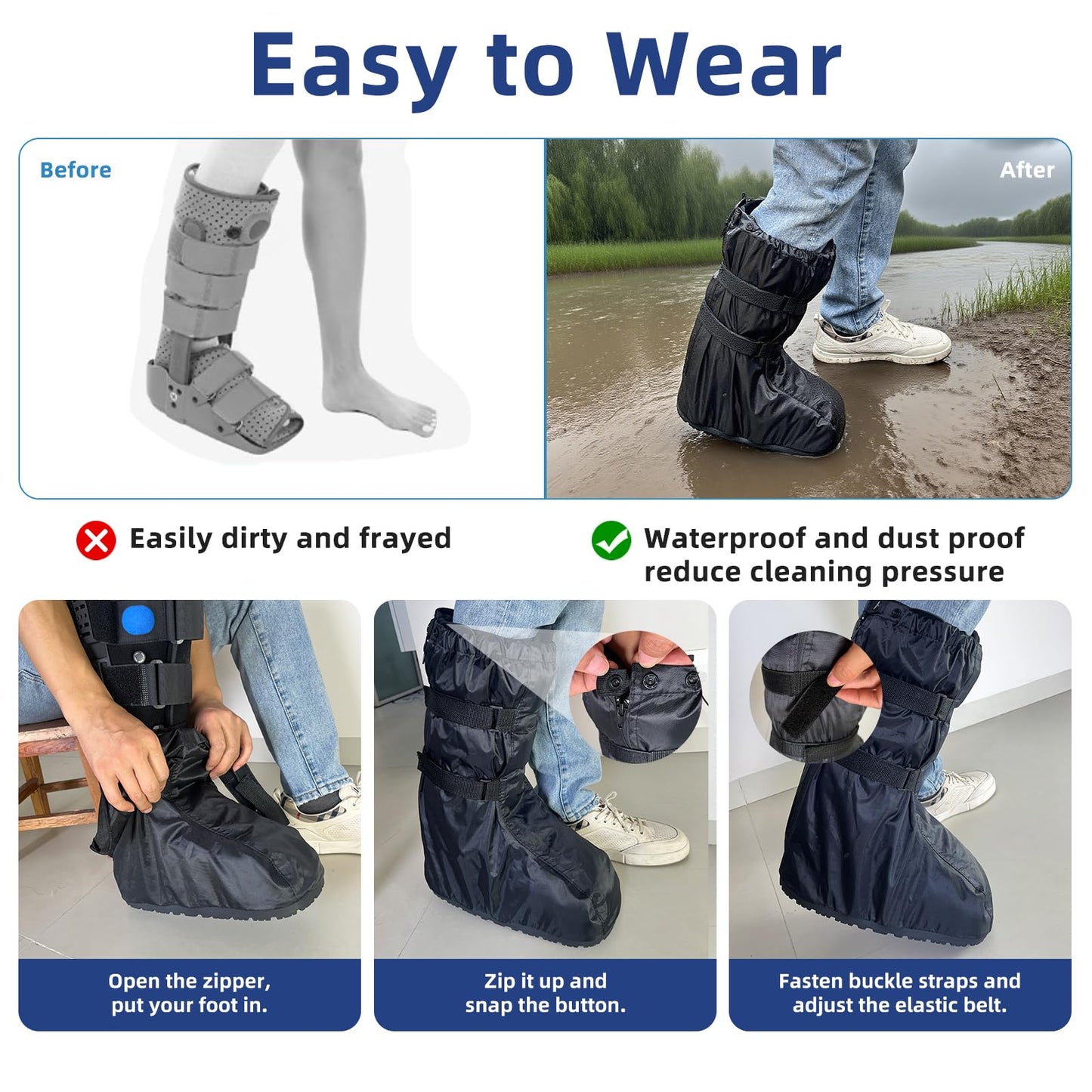 FONOFOX Waterproof Boot Cover for Medical and Orthopedic Boots, Heavy-Duty Non-Slip Sole, Reusable Shoe Protector for Rain, Snow, Beach, Garden, Indoor & Outdoor Use (Large)
