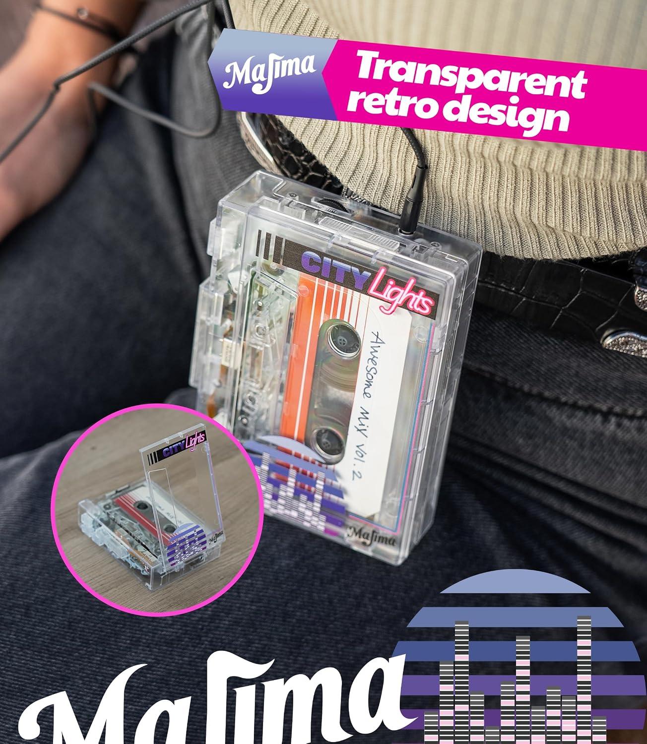 Majima Design Cassette 80s 90s Bluetooth Player with FM Radio Transparent Portable Design Retro Audio Gift Supports USB