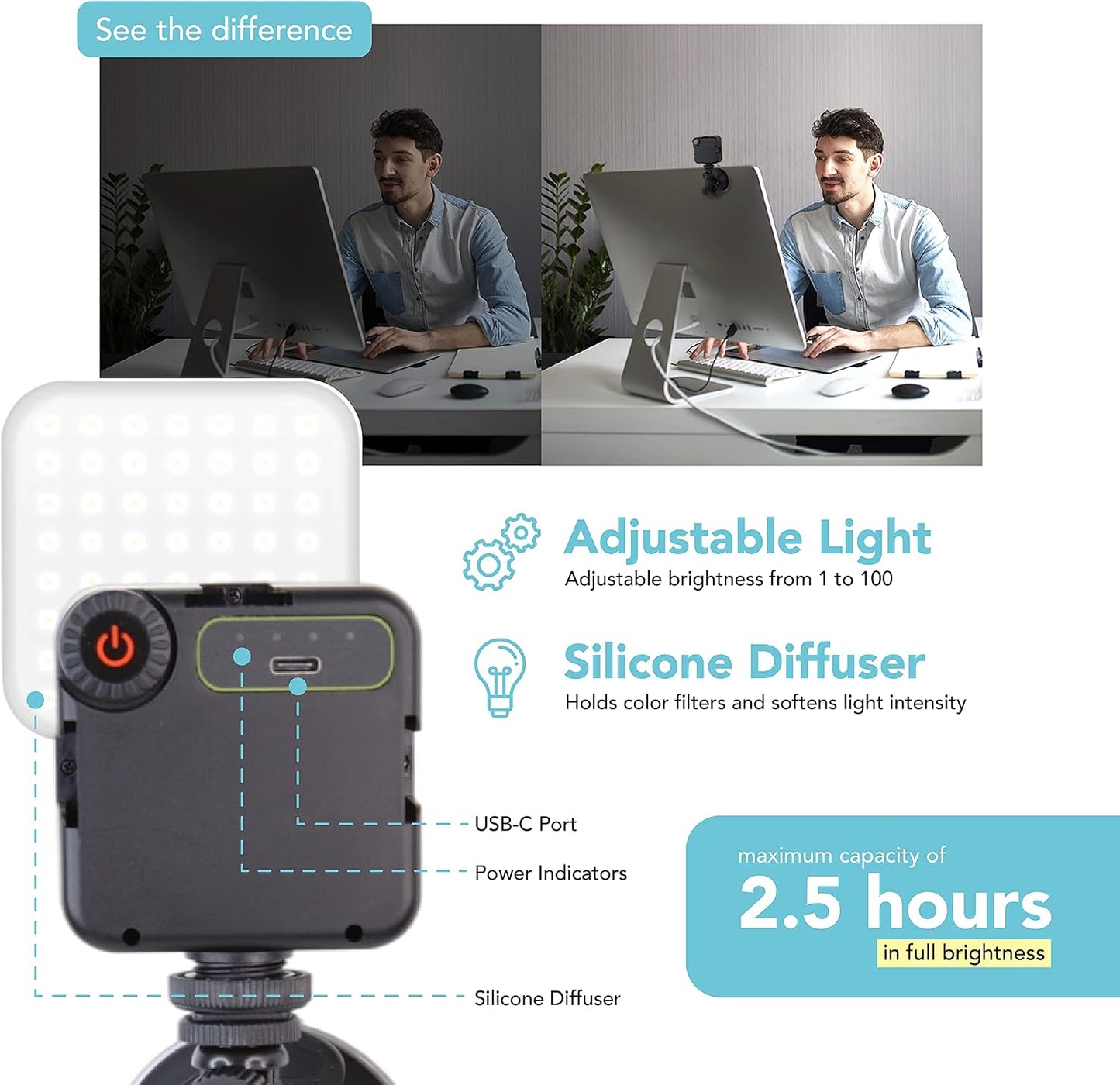 Foto&Tech Dimmable 2100mAH LED Laptop Lighting Kit, Rechargeable Light Panel with Diffuser and Strong Suction Cup
