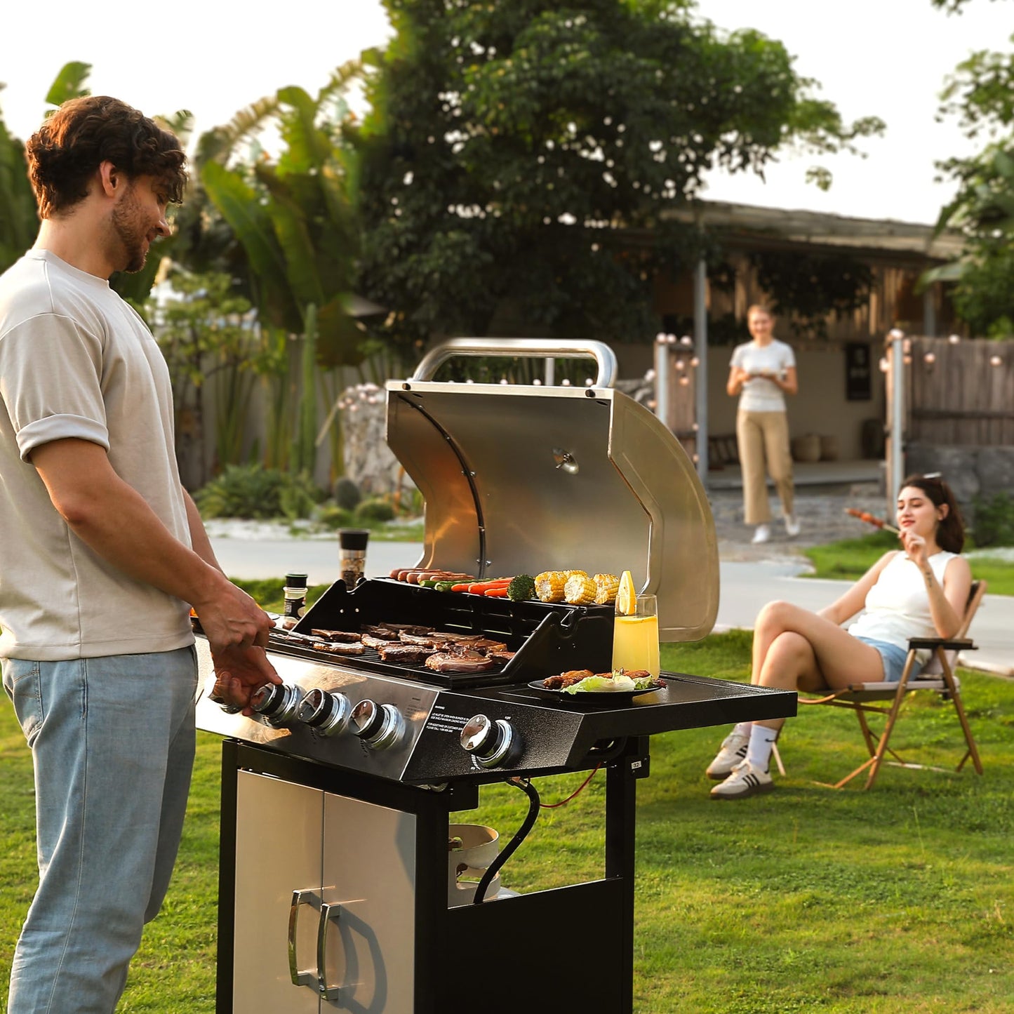 MASTER COOK 4+1 Burners Gas Grill, 518 Sqin Cooking Area, 52,000 BTU Propane Grill with Side Burner, Stainless Steel Cabinet Grill, Silver & Black