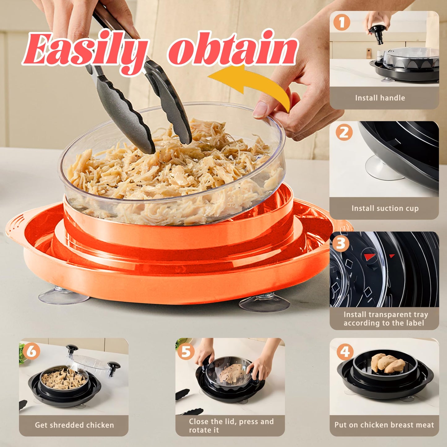Large Chicken Shredder with Sucker Pad Holder,Strong Anti-Slip Strip,Nice size for shredding meat favorite kitchen gadget,removable piece in the middle for easy clean up,BPA Free, Heat Resistant