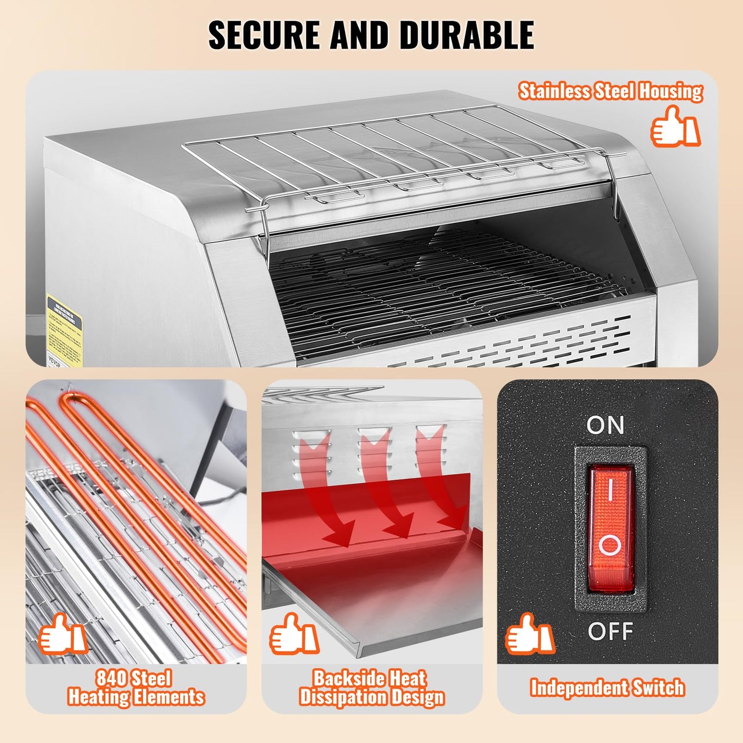 VEVOR 1770W Commercial Conveyor Toaster, 450 Slices per Hour, Heavy Duty Electric Toaster Oven, Food-Grade 304 Stainless Steel Conveyor Belt, Dual Knob Control, for Restaurant Bakery Bread Bagel Bun