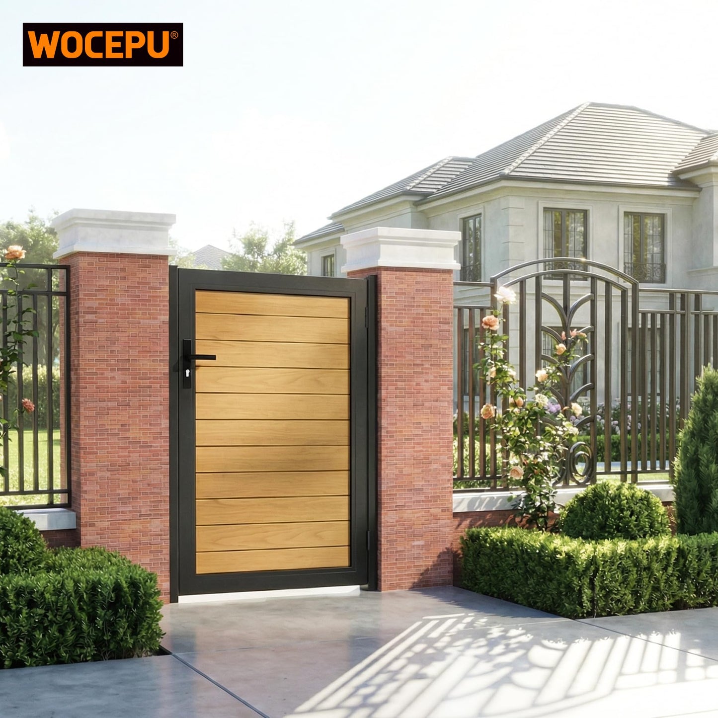 WOCEPU 4x5 FT (46.6"x58.4") Aluminum Fence Gate Kit, Heavy-Duty Wood Grain Aluminum Gate with Decorative Cutout, Lock & Hinges, Left/Right Opening, Weather-Resistant for Yard, Garden, Backyard