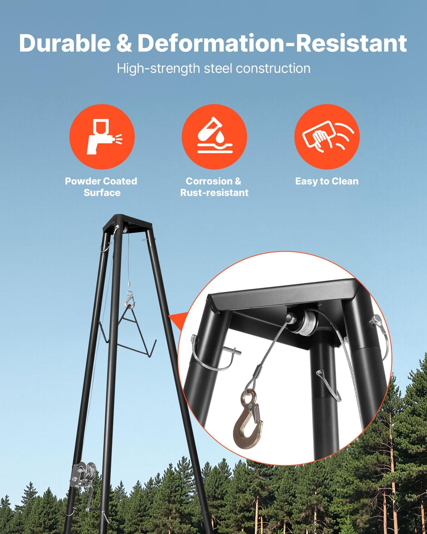 VEVOR Tripod Deer Hoist, 500 lbs Load Capacity, Hunting Game Hoist Winch Lift with Gambrel & Manual Winch, Hunting Game Skinning and Cleaning Accessory for Cleaning, Skinning, and Moving, Black