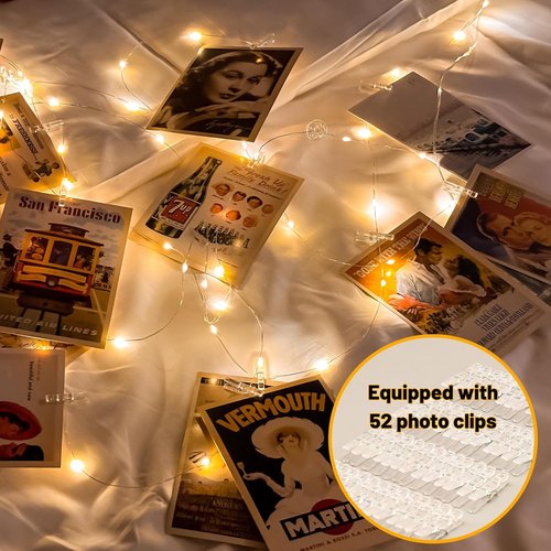 HXWEIYE 50LED Photo String Lights - Warm White 16.4Ft Battery-Powered Fairy Lights with 52 Clips & 10 Hooks for Pictures, Dorms, Parties