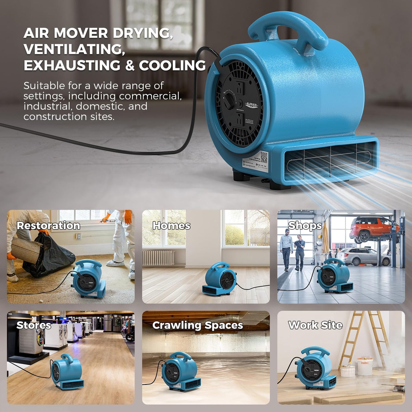 ALORAIR 1000 CFM Air Mover Blower Fan for Drying, Ventilating, Exhausting, Cooling, Utility Timer Fan with 3 Speeds, 5 Adjustable Angles, 10ft Long Cord for Home, Industrial, Commercial Use - GE1000A