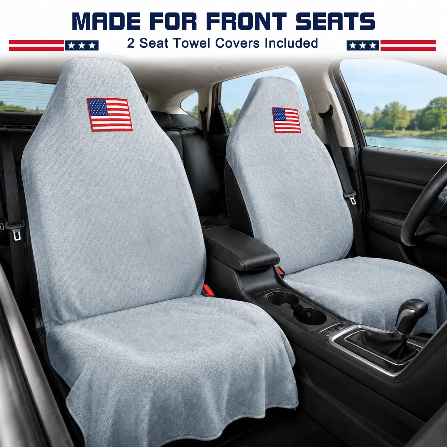 CORTHENA Car Seat Towel Cover (2-Pack), Sweat-Proof & Absorbent Microfiber Seat Protector for Gym, Workout & Beach, Universal Fit for Most Cars, SUVs & Trucks, 59"x29", Silver Gray Flag