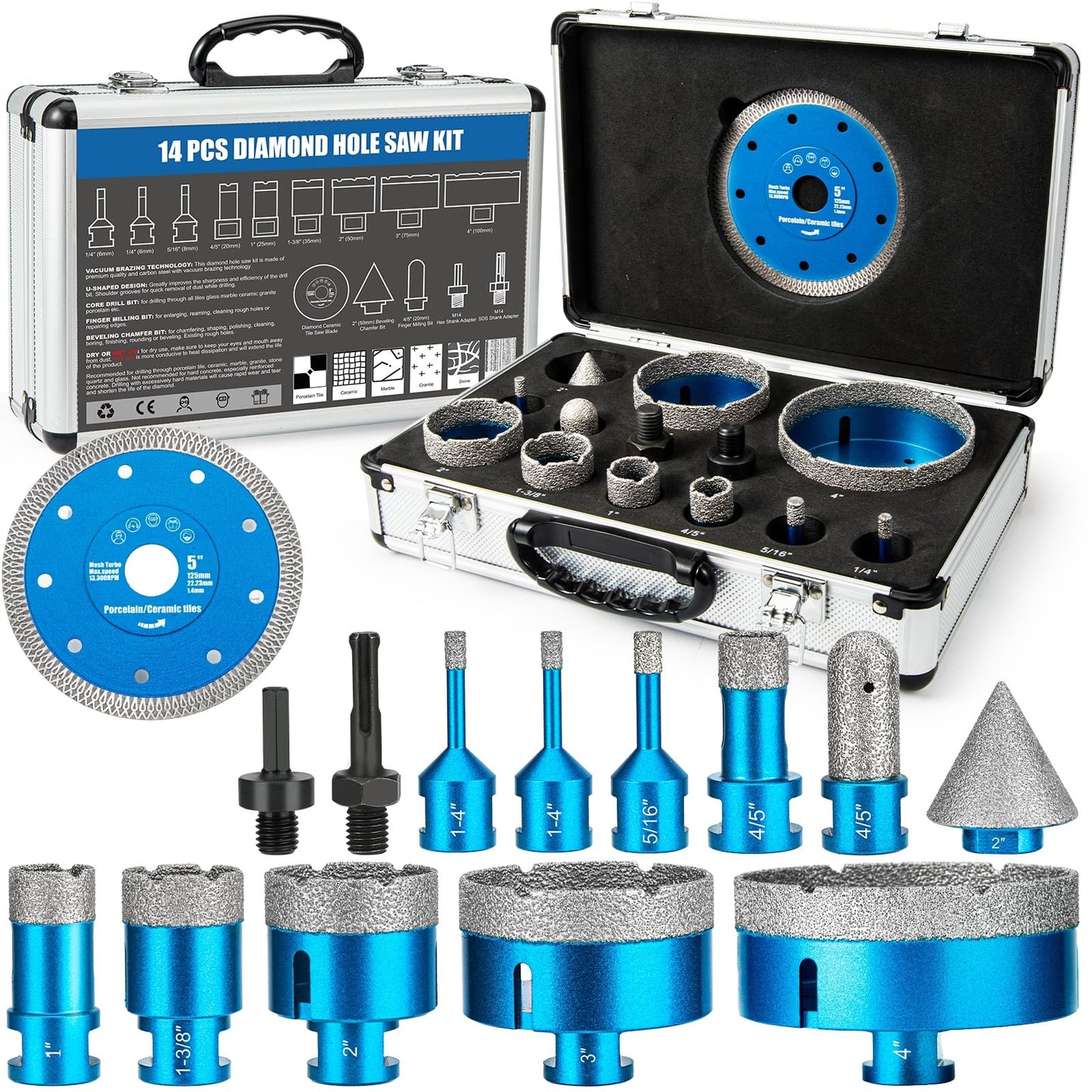 Diamond Tile Hole Saw Kit - 14 PCS Set Including 6/6/8/20/25/35/50/75/100mm Drill Bits, 20mm Finger Bit, 50mm Beveling Chamfer Bit, and 5" Diamond Blades for Tile, Ceramic, Porcelain, and Marble