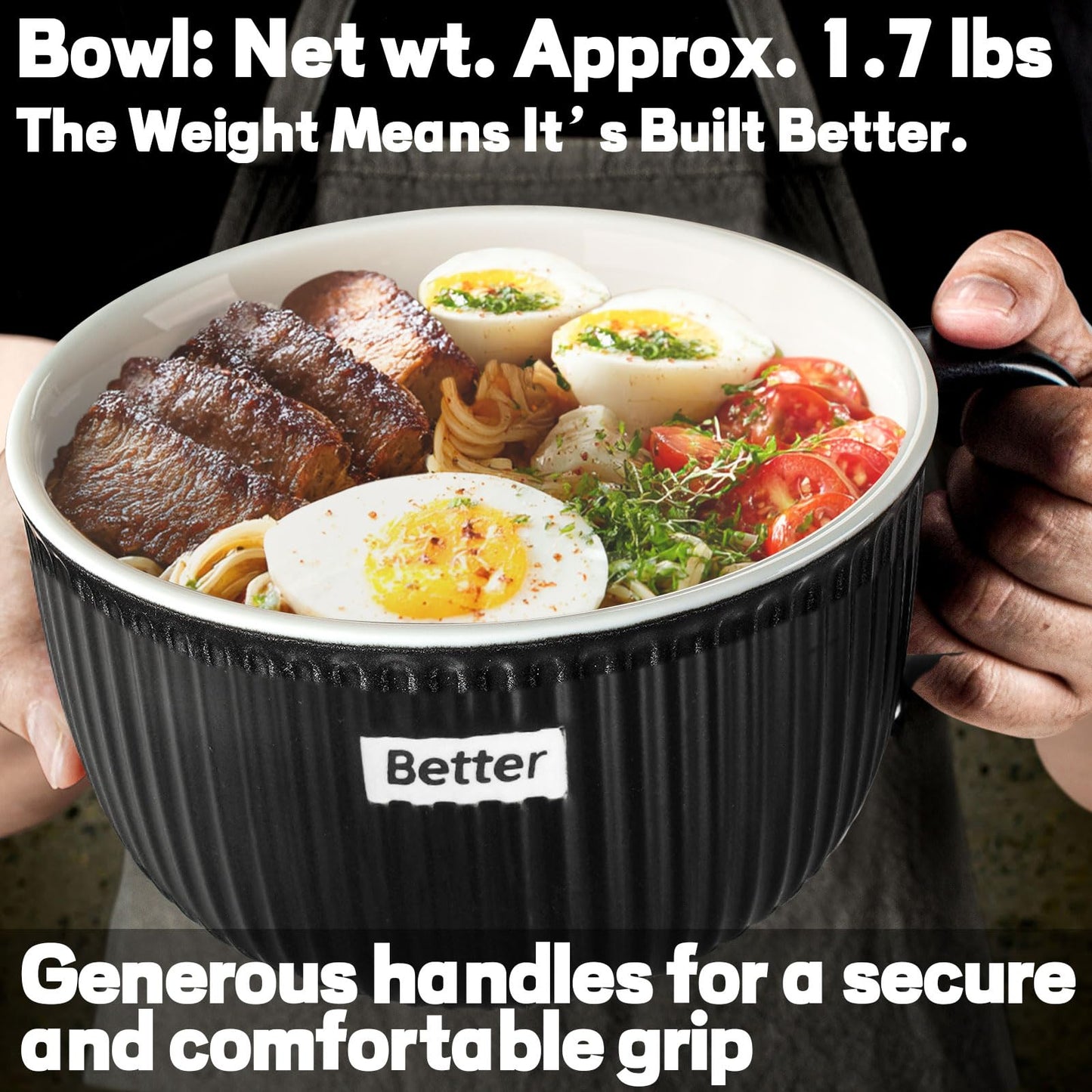 Artena 38 oz Soup Bowls with Handles, Lids, Spoons & Chopsticks – 6 Inch Large Microwave Safe Ceramic Ramen Bowls, Soup Mugs & Cereal Bowls for Instant Noodles, Oatmeal, Meal Prep (Black-Set of 2)