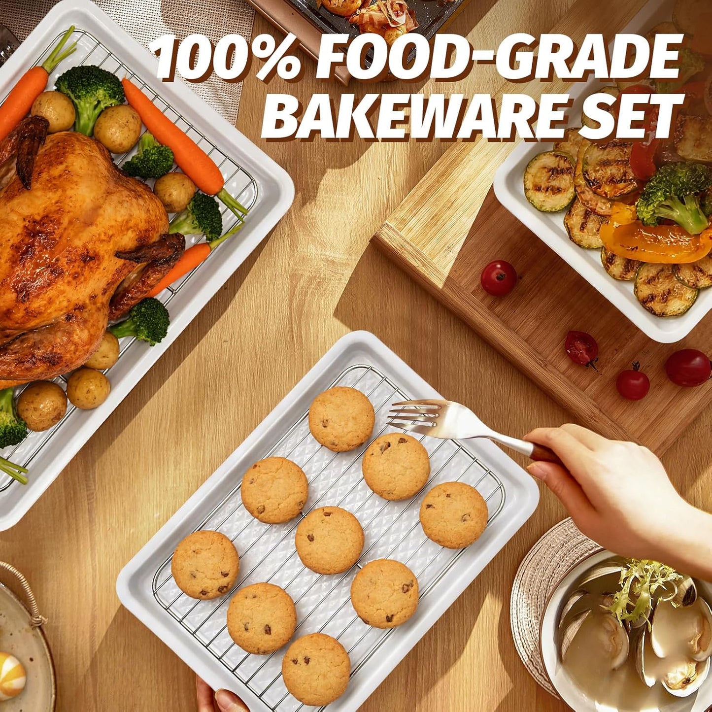 Skiennix Nonstick Ceramic Baking Sheet Set - 2-Pack 13x9 Quarter Pan, Oven Safe 550°F, Dishwasher Safe, Gray/Yellow