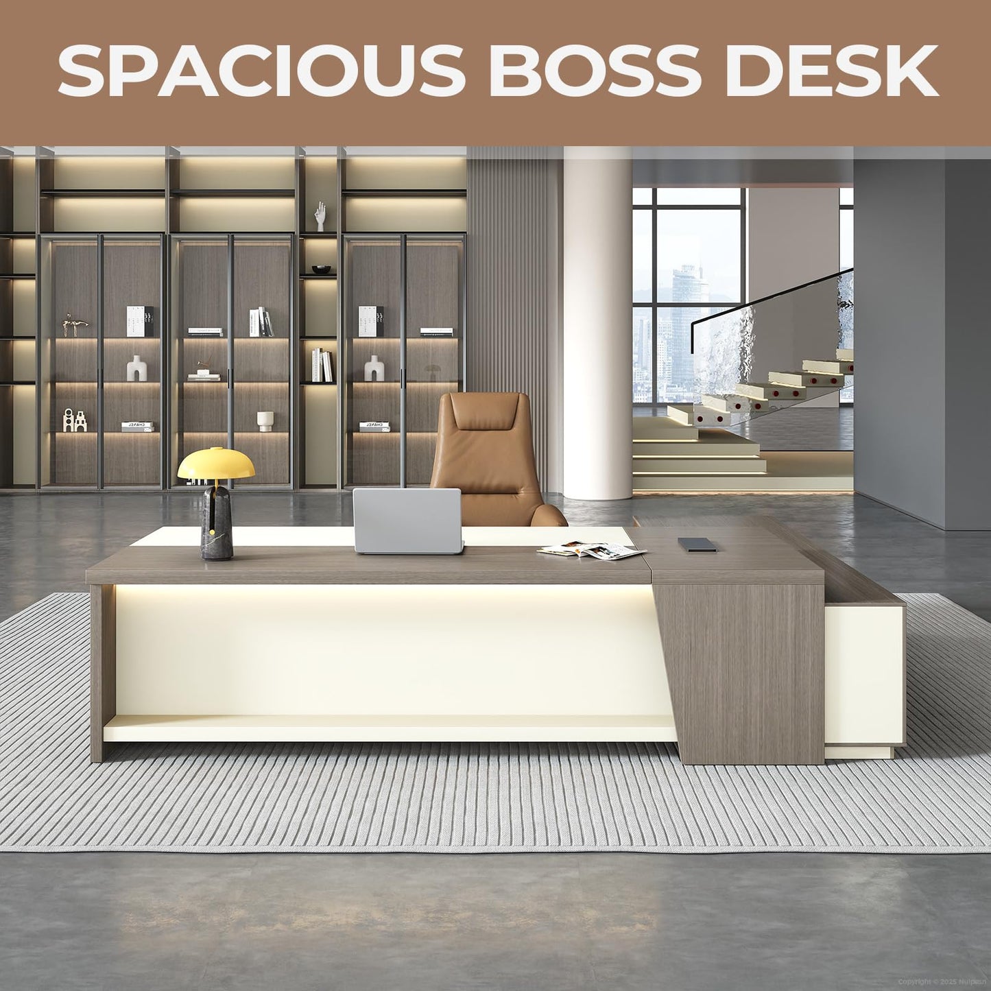 ZIMASYA 79 Inch L Shaped Executive Office Desk with Storage Cabinet, Left Return Desk with 2 AC Outlets and 2 USB Ports, Lockable Drawer, Cable Management Box, Smoked Gray and Off White