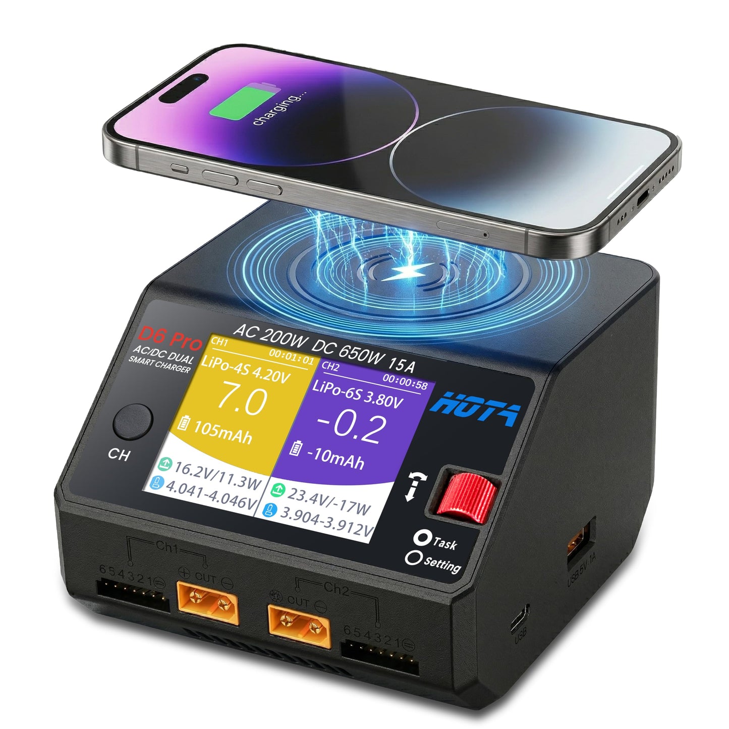 HOTA D6 Pro Lipo Battery Charger,Dual Channel 15A AC200W DC650W Smart Balance Charger with Wireless Charging Panel USB Output for 1-6S LiPo LiHV NiMH Pb Batteries RC Car Boat FPV (Black)