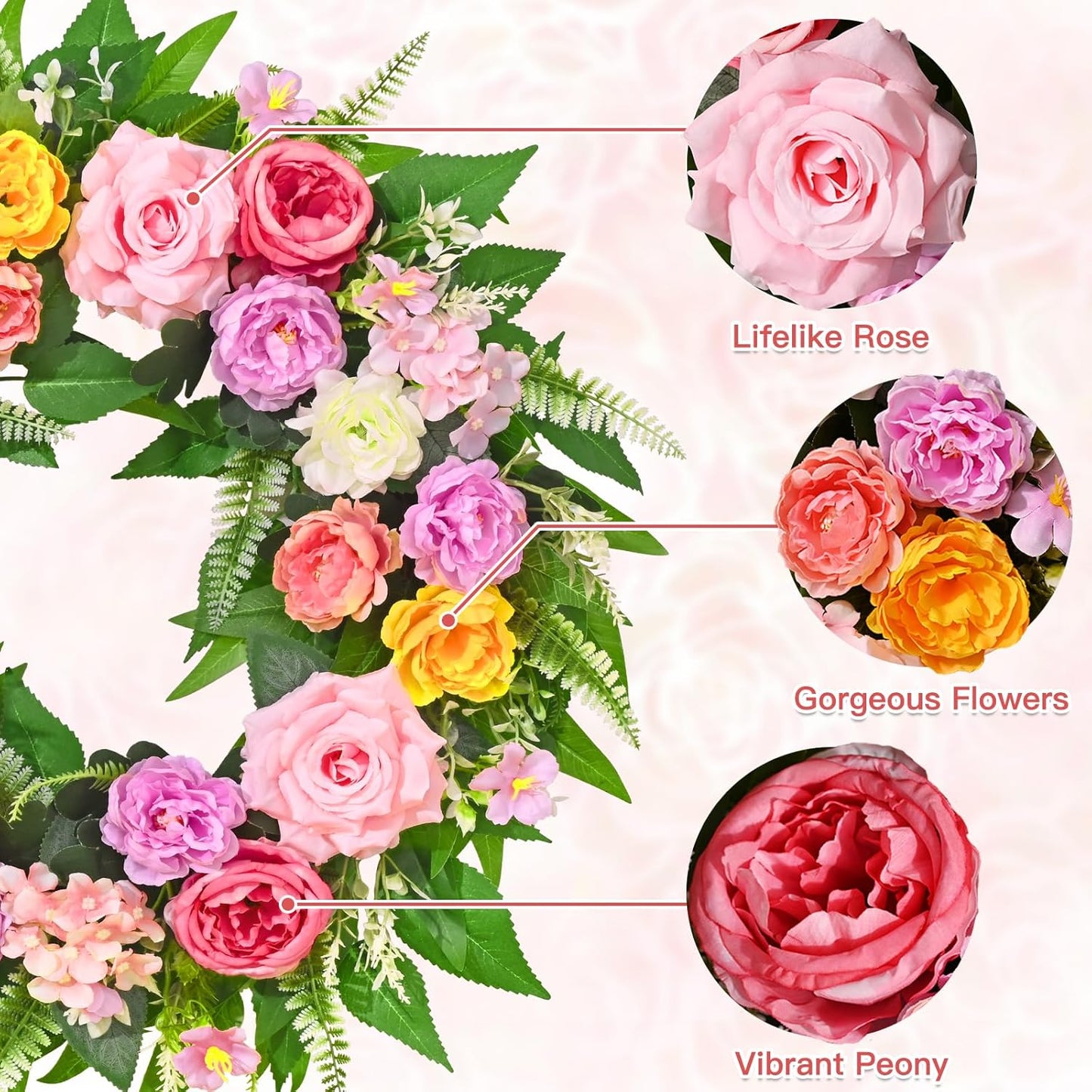 Yastouay 24-Inch Summer Wreath - Realistic Rose Peony Floral Decor for Front Door & Patio