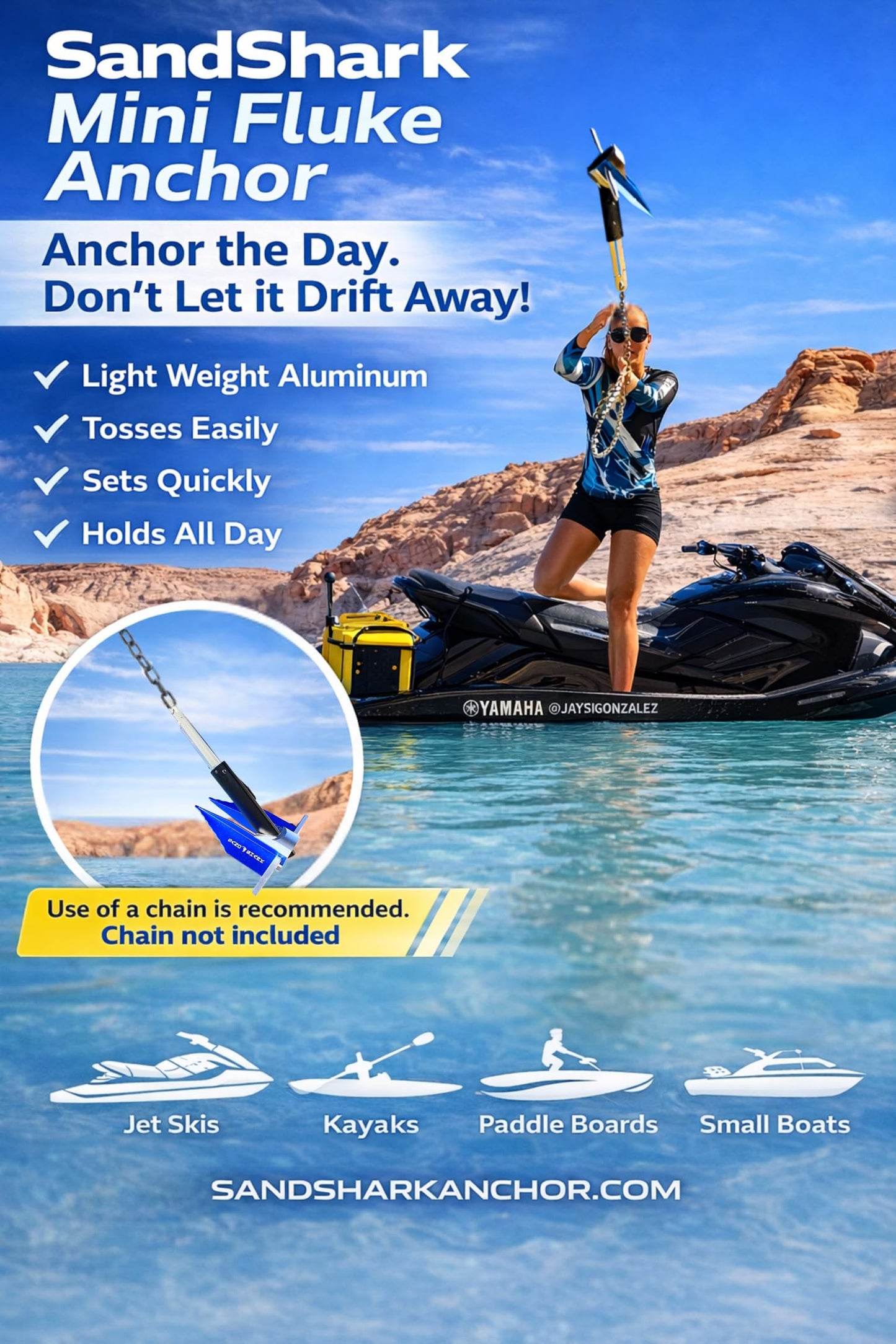 SandShark Premium Fluke Anchor-Retractable Shaft Easy Storage-Aluminum Pontoon Boat Anchor, Jet Ski Anchor. Boats<30 ft. Sand Anchor for Boat, Boat Anchor Kit, Lightweight. (Jet Ski Anchor)