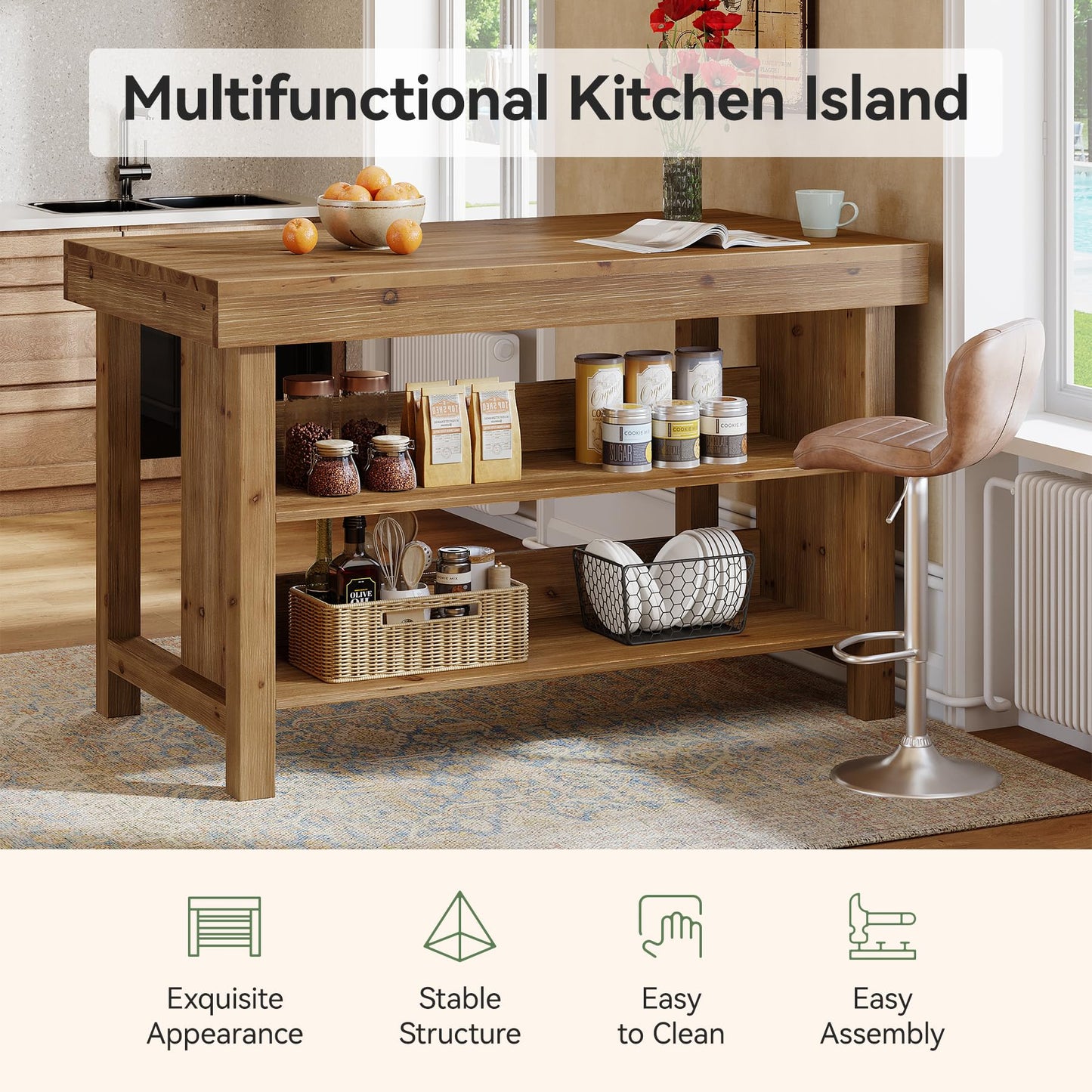 TRIBEWOOD 55" Solid Wood Kitchen Island with Storage, Farmhouse Kitchen Island Table with 3-Tier Open Shelves and Large Countertop for Kitchen, Dining & Living Room, Natural Oak