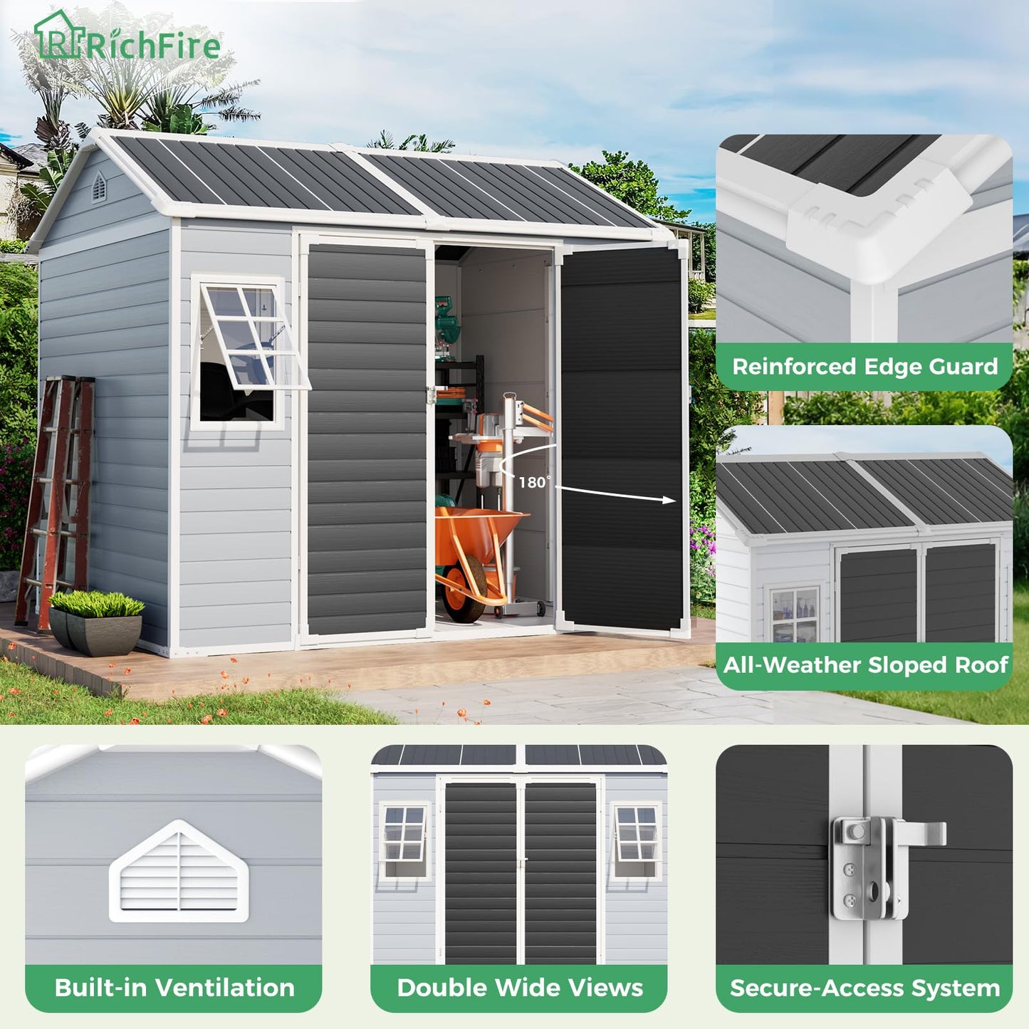 8x6 FT Resin Plastic Shed with Floor, Heavy-Duty 21-Gauge Reinforced Steel Frame, 16mm Ultra-Thick Panels, Outdoor Storage Sheds with Awning Windows and Air Vents