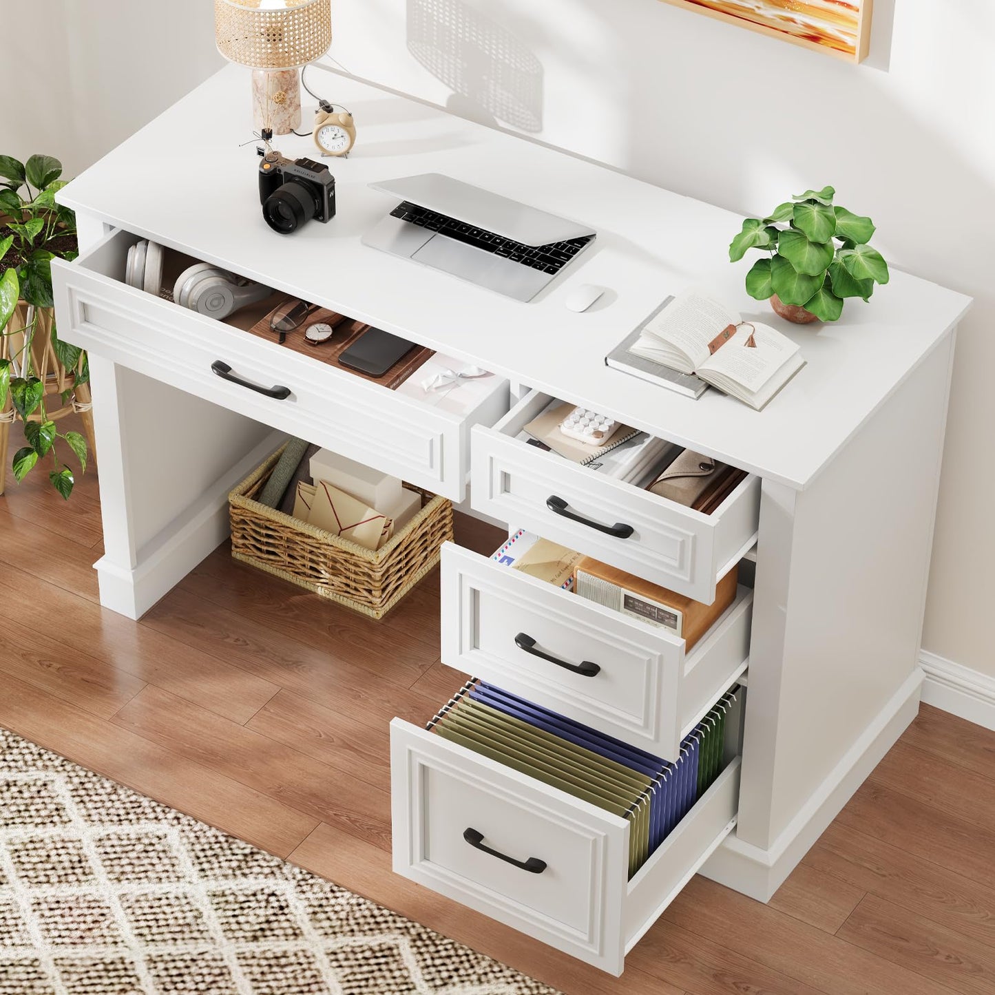 Halitaa Farmhouse 47" Executive Desk with File Drawer, Computer Desk with 4 Drawers, Workstation for Writing, Study, Home Office, Cream White.