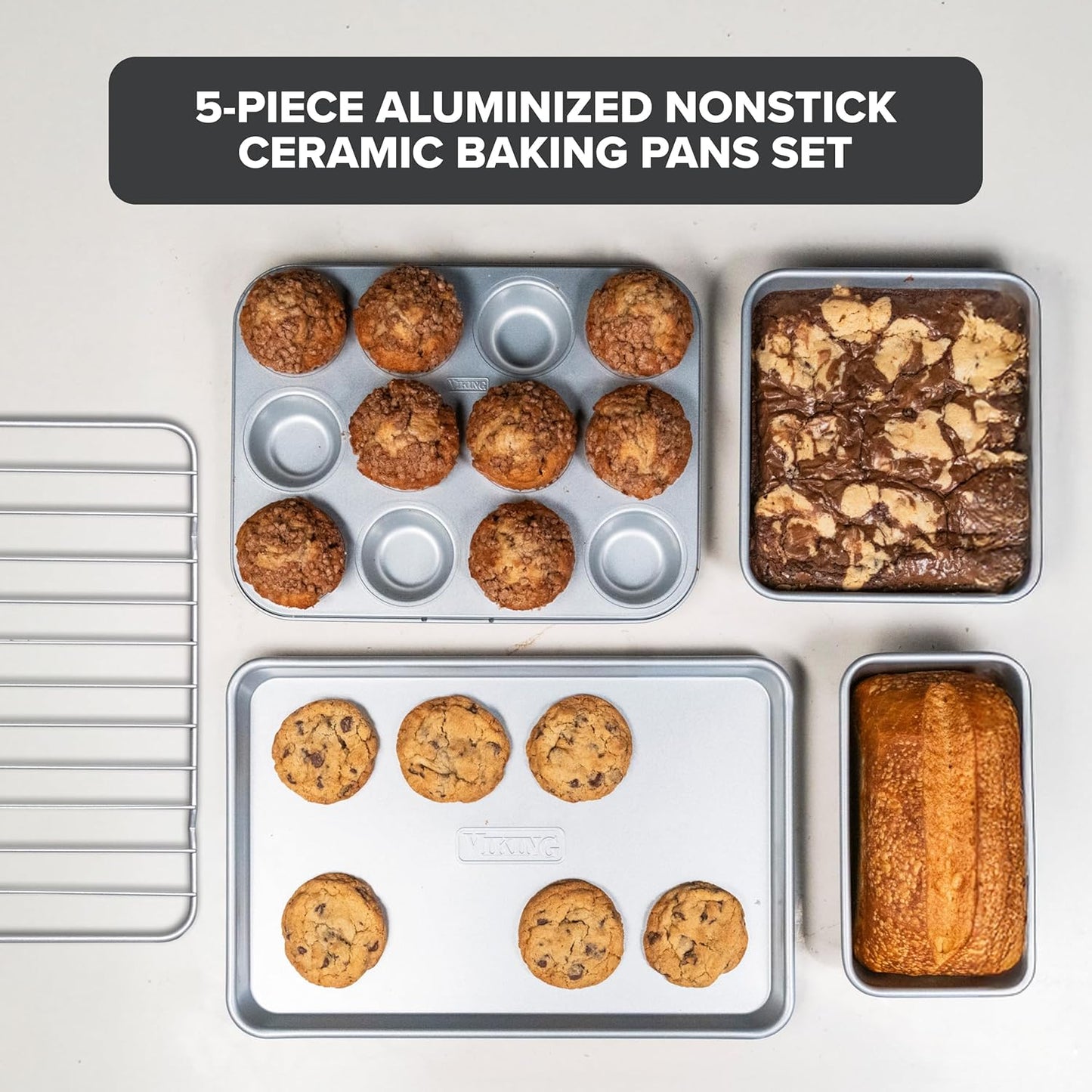 Viking Premium Nonstick Ceramic Baking Pans Set - 5-Piece Heavy Gauge Bakeware | Oven Safe to 475°F, Silver