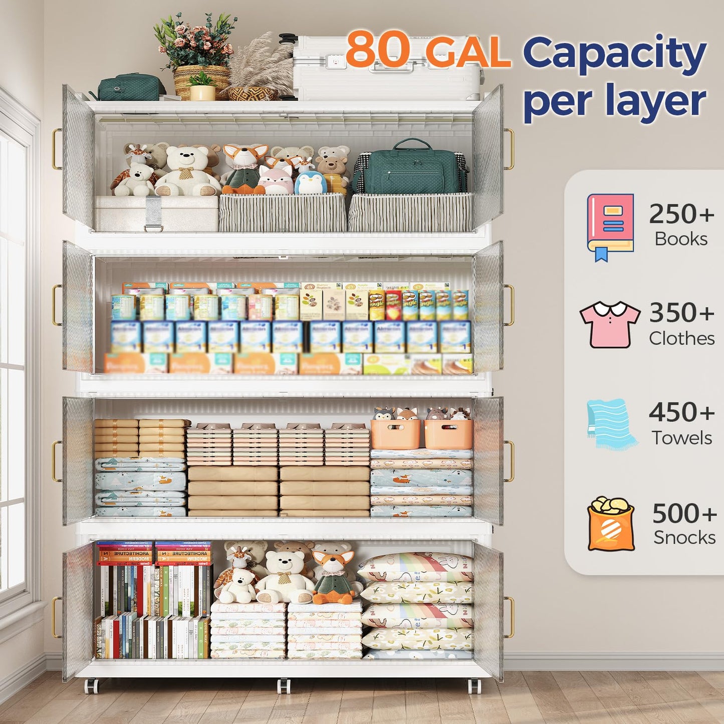 ARXYNEL 320GAL Extra Large Collapsible Storage Bins with Lid & Wheels, 1280QT Stackable Closet Cabinet with Doors, Folding Organizer Containers for Home, Office & Kitchen, 4Pack White