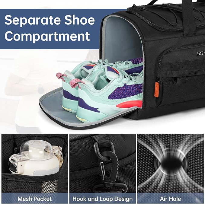 Gym Bag for Women & Men, Sports Travel Duffle Bag with Shoe Compartment, Anti-Theft Carry On Weekender Bag, Water Resistant Overnight Backpack for Airplane, Gym, Travel (Black)