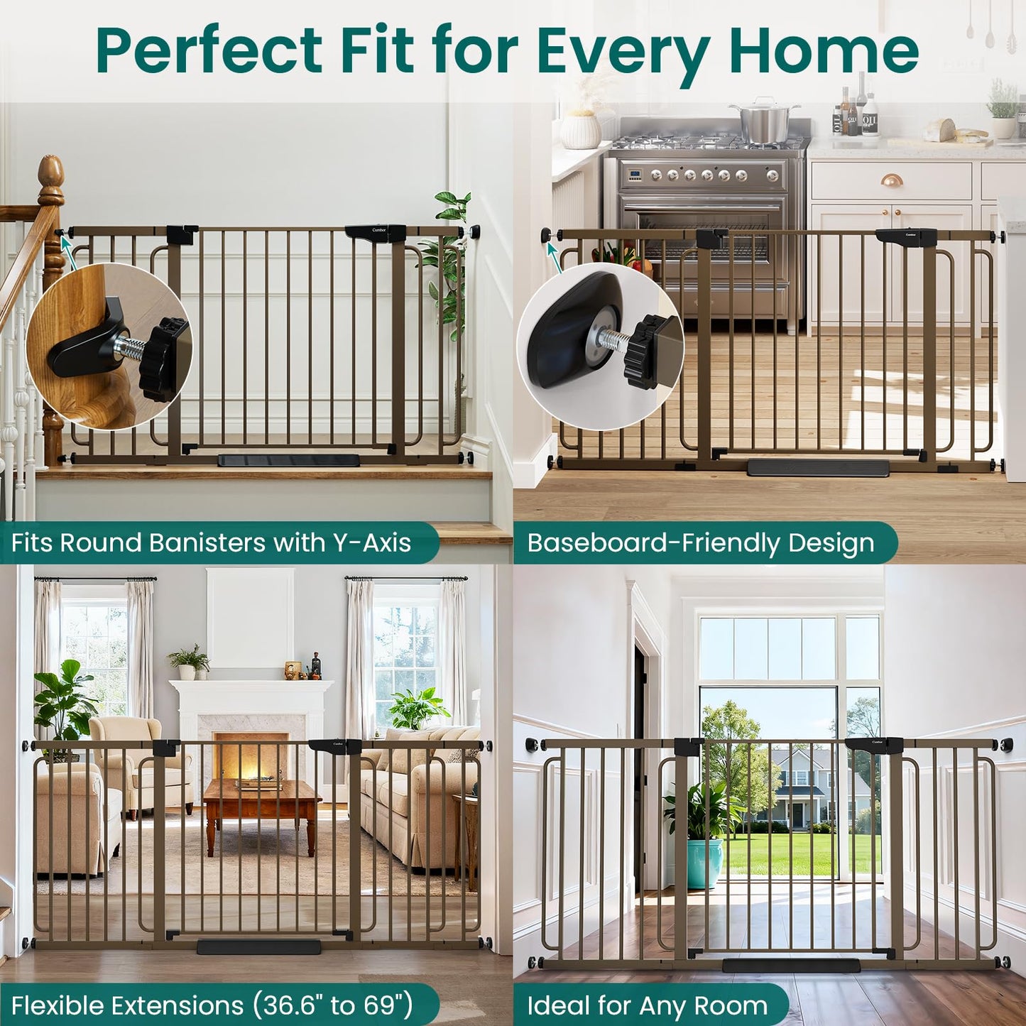 Cumbor Extra Wide Baby Gate, 36.6-69" Walk-Through Dog Gate for Stairs, Doorways & Hallways, 30.5“ Tall, Auto-Close & Dual-Swing Safety Child Gate Indoor, Easy Install Pressure-Mounted Pet Gate, Brown