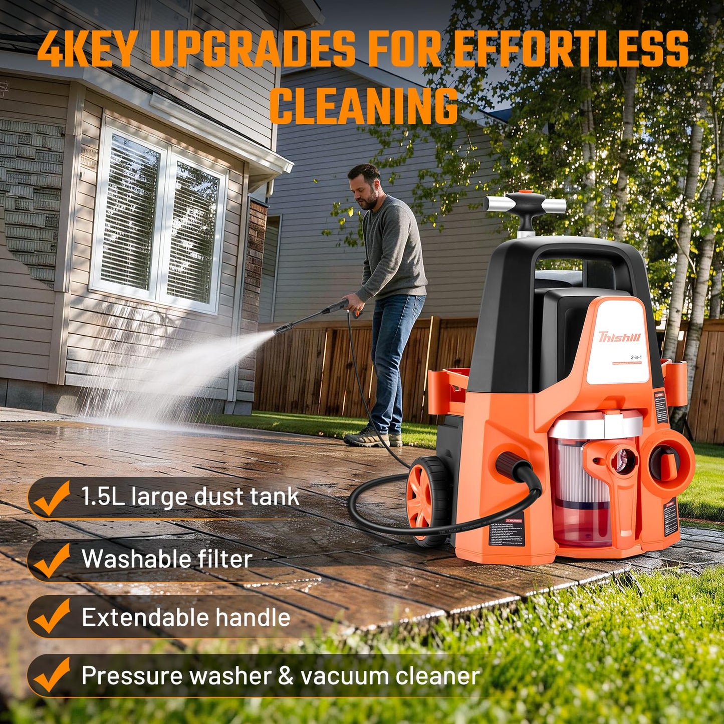 This Hill 4-in-1 Pressure Washer and Wet/Dry Vacuum, 2800 PSI Max 1.7 GPM Electric Power Washer, 1400W Multi-Function Cleaner with Blower and Foam Cannon for Cars, Patio, Garage and Home Cleaning