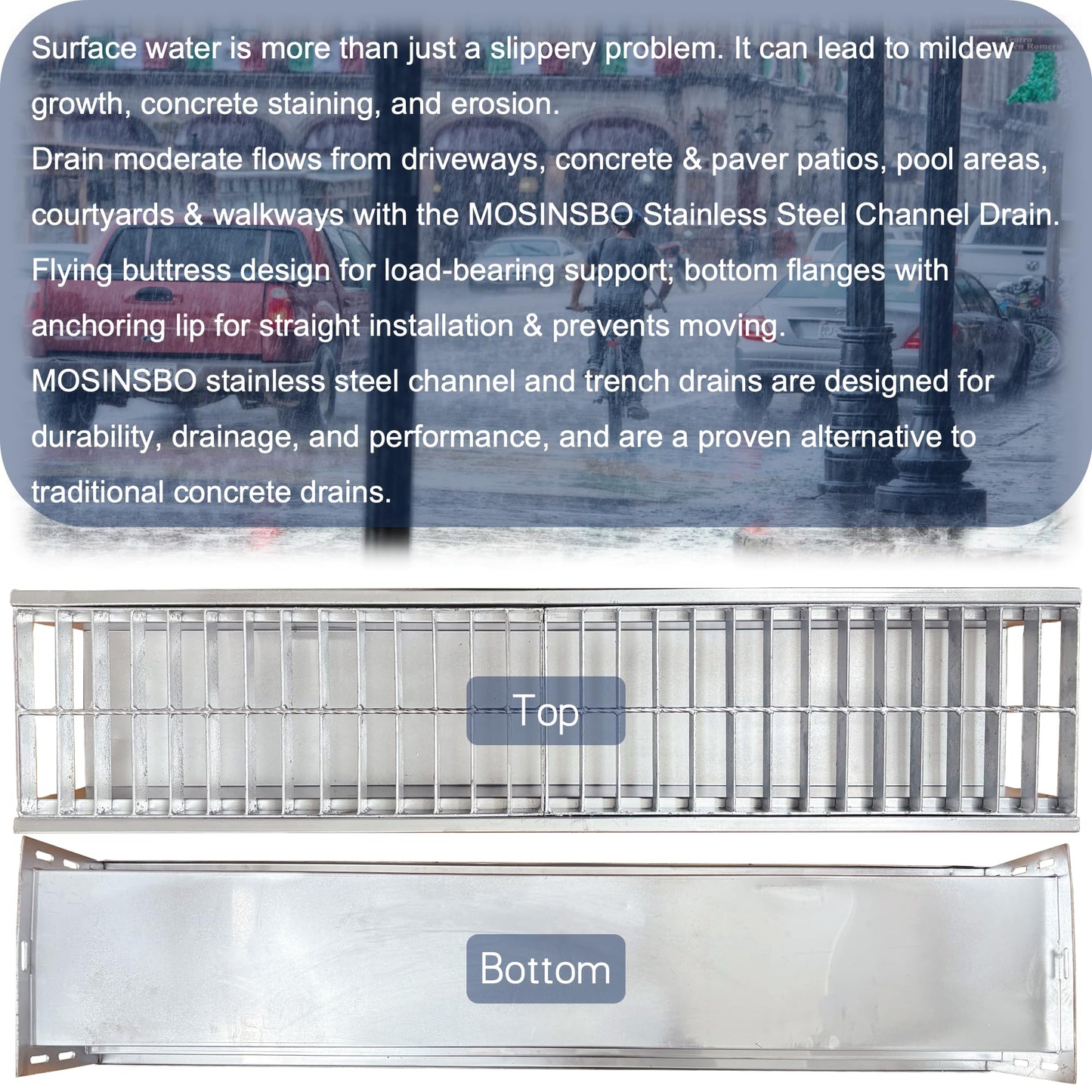 TIANYAMAI 304 Stainless Steel Channel Drain with Galvanized Steel Grate 39.4x9x6 in, B-Class 28100 lbs Heavy-Duty Drain Kit for 3" Pipe, Trench Drainage System for Outdoor, Driveway, Garage, Yard
